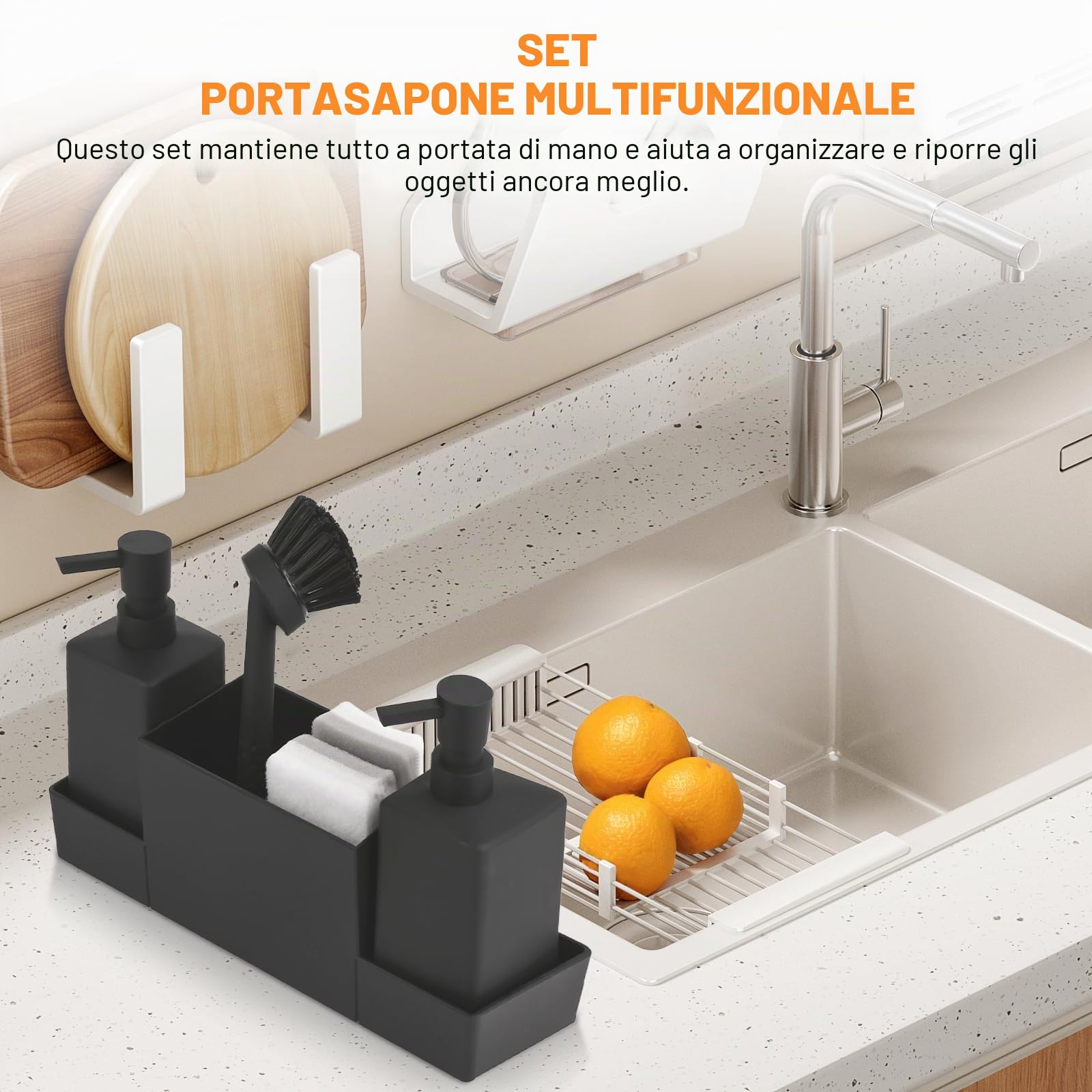 Dispenser Di Sapone Da Cucina, Porta Spugne Con Dosatore, Set Bagno Porta Sapone e Spazzolini,Con Spugna e Spazzola, Per Box Lavello,Cucina,Bagno (Nero)