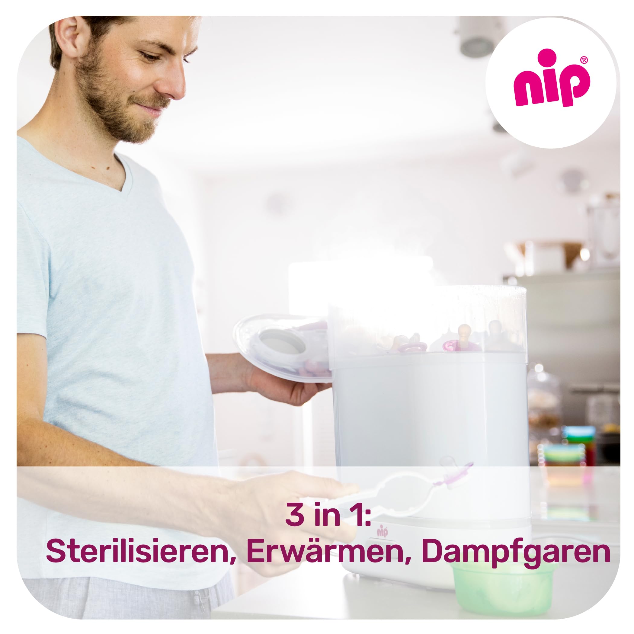 NIP Sterilisator Babyflaschen: Vaporisator für bis zu 6 Flaschen, Schnuller + Zubehör, Schnelle und sichere Dampfsterilisation in nur 9 Minuten, mit Abschaltautomatik, Weiß