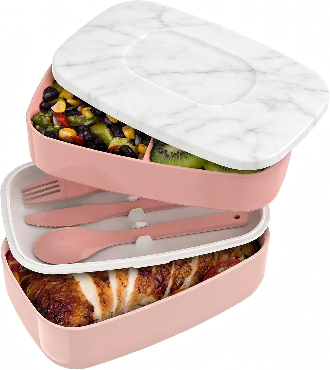 Adult Bento Box, Stackable 3-Compartment Lunch Box with Removable Utensil Set and Sealing Strap, BPA-Free, Food Container Ideal for Meal Prep, Work, and On the Go (Blush Marble)