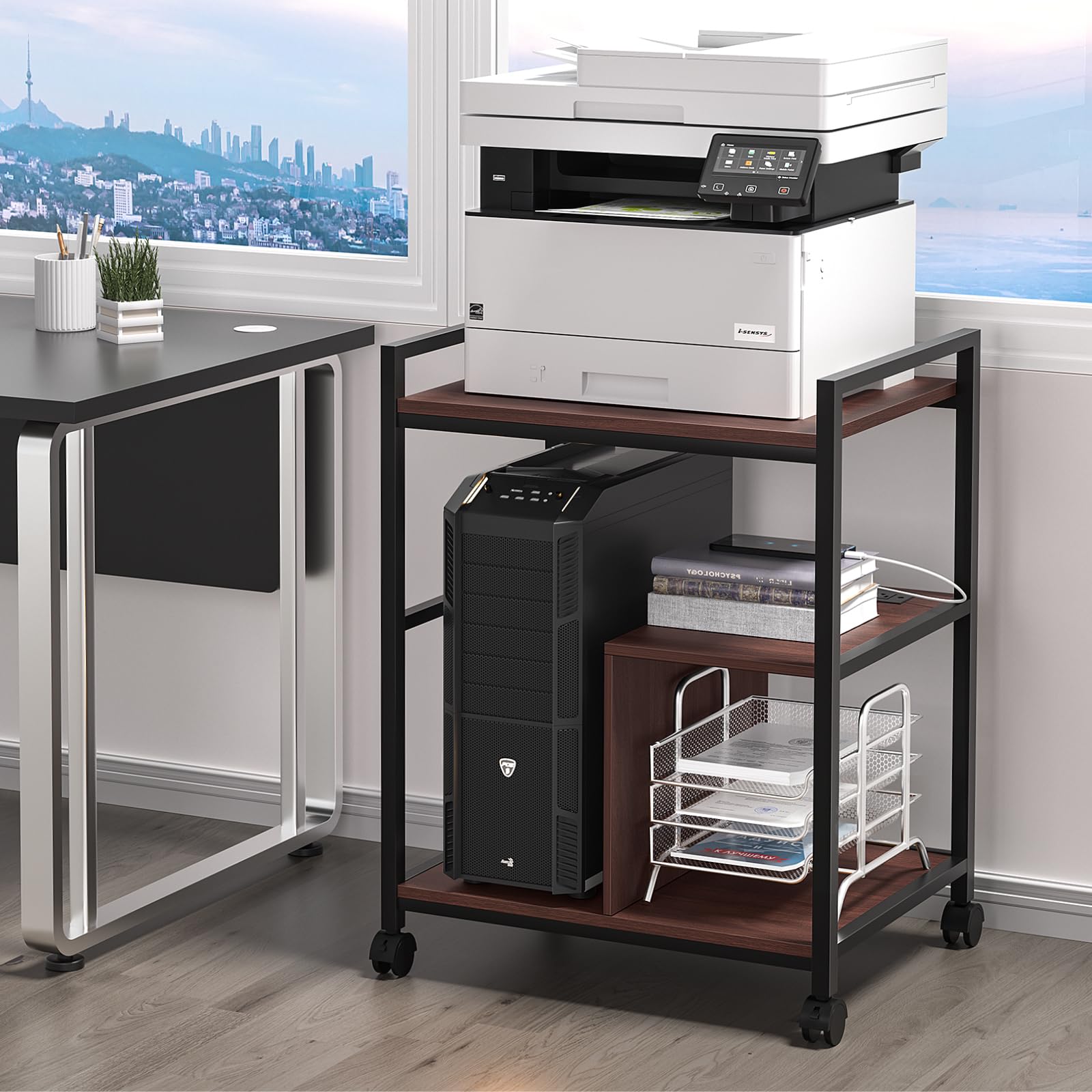 Lerliuo Support d'imprimante avec station de charge et ports USB, grande table d'imprimante mobile à 3 niveaux avec étagère de rangement, chariot d'imprimante industriel roulant en noyer avec roues