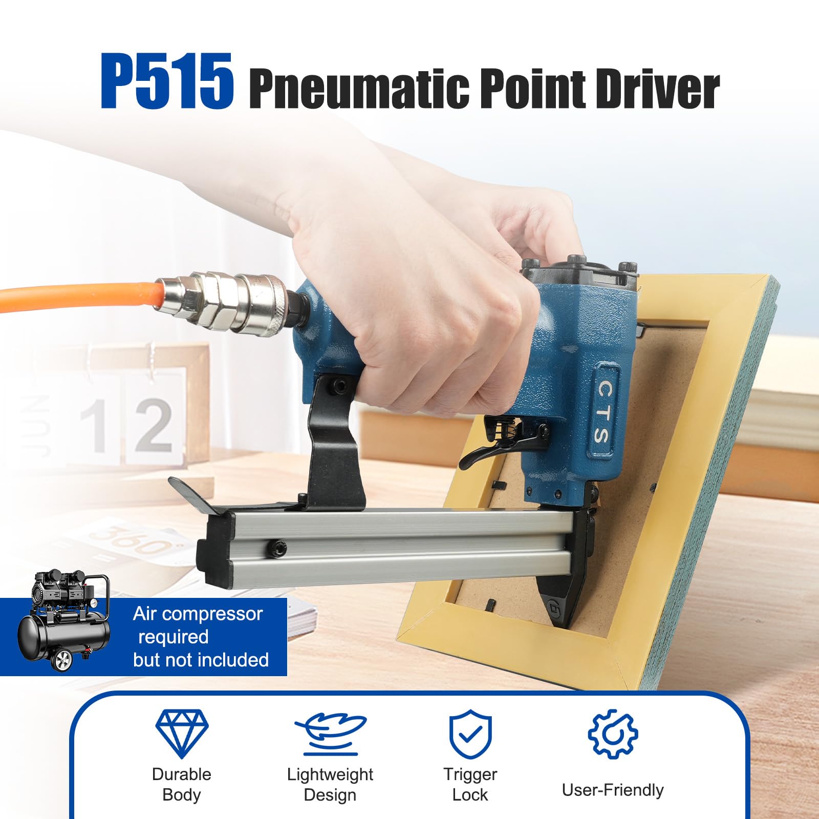 P515 agrafeuse à pointes flexibles pneumatique 1000 pces pour cadres | 1000 pointes flexibles incluses, gâchette de sécurité, profondeur réglable, aluminium durable, pour cadres et bois