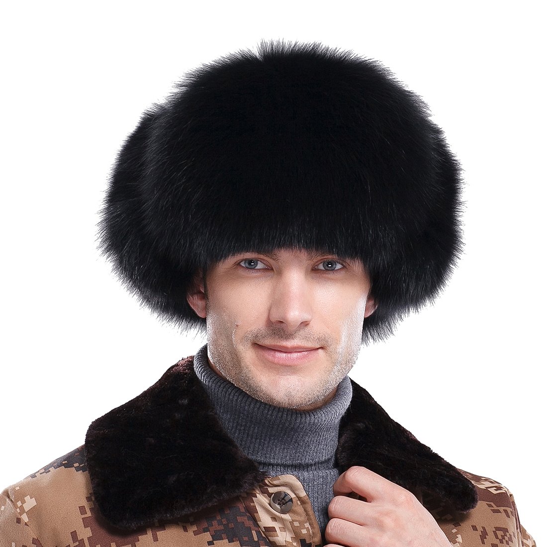 URSFUR Men's Black Fox & Leather Trapper Hats