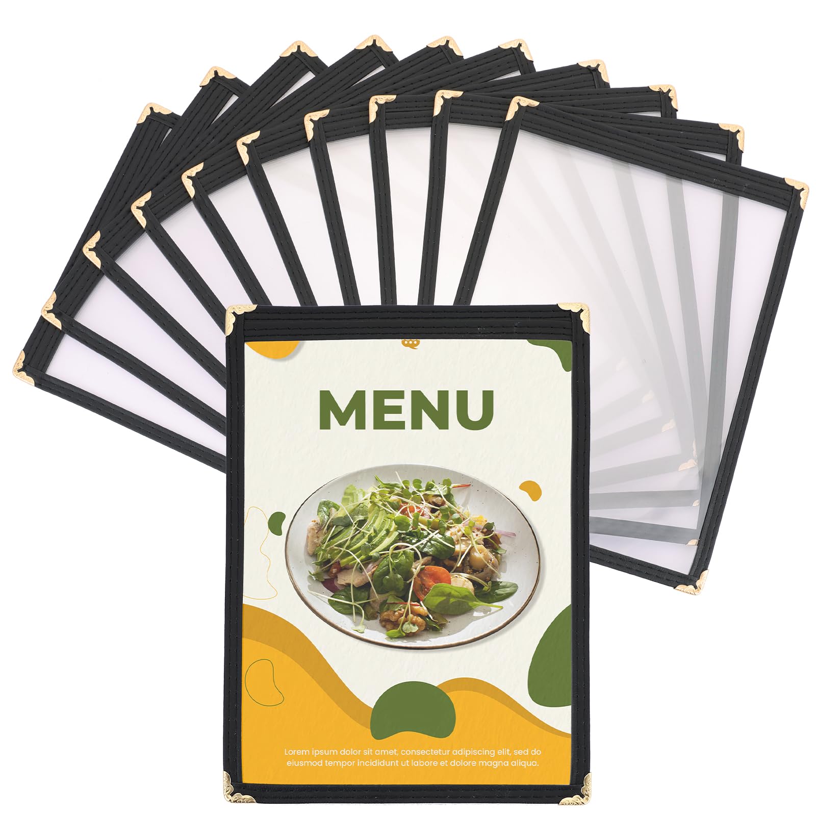 DASBET Copertine per menù A5 per ristorante, 1 pagina e 2 visualizzazioni, trasparenti, colore nero, con protezioni angolari in metallo, adatte per ristoranti, bar, caffè (10, 1 pagina 2