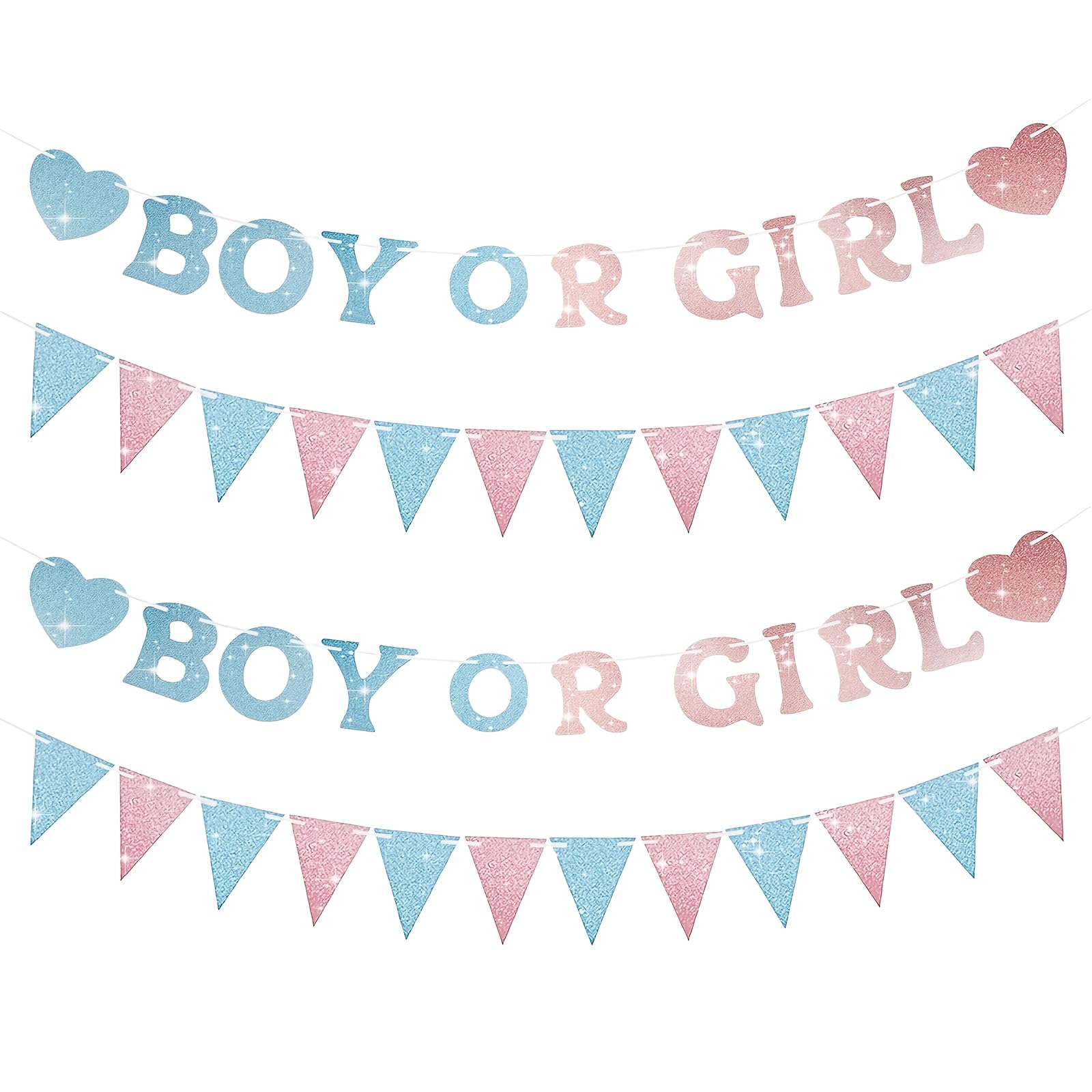 Daxiangsheng 2Pcs Boy or Girl Gender Reveal Banner, Baby Gender Reveal Decoration, Pre-Strung Glitter Banner with Heart Pattern Pennant, Cute Decoration for Baby Shower Photo Backdrop Props
