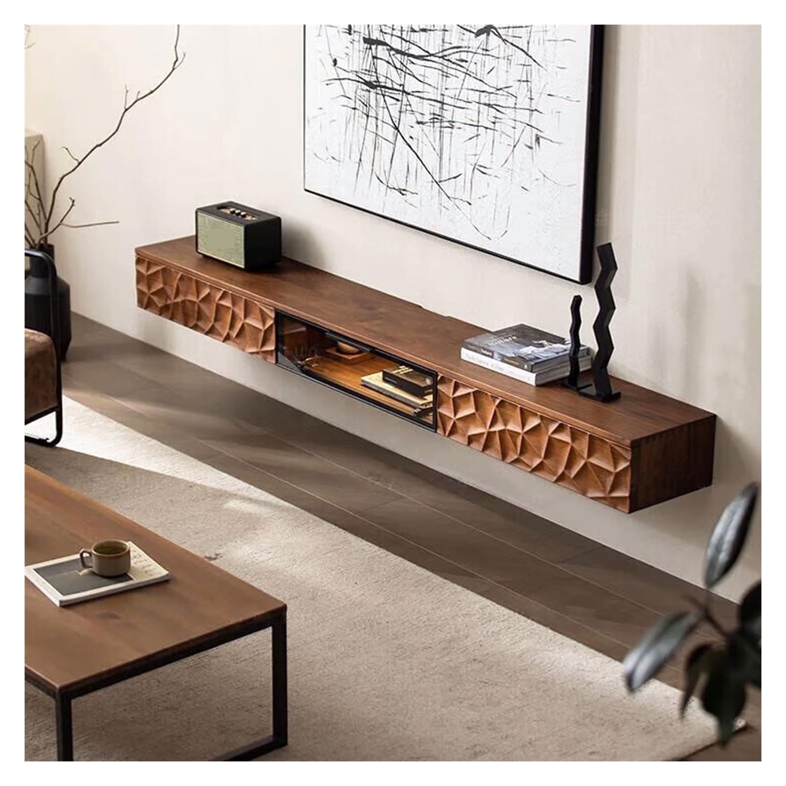Moderne Wandhalterung, schwimmende TV-Konsole, schwarzes Walnussholz, schwimmendes TV-Regal, 70 Zoll / 78 Zoll, Entertainment-Media-Regal, TV-Wandeinheit mit 2 Schubladen und 1 Tür, für Schlafzimmer,