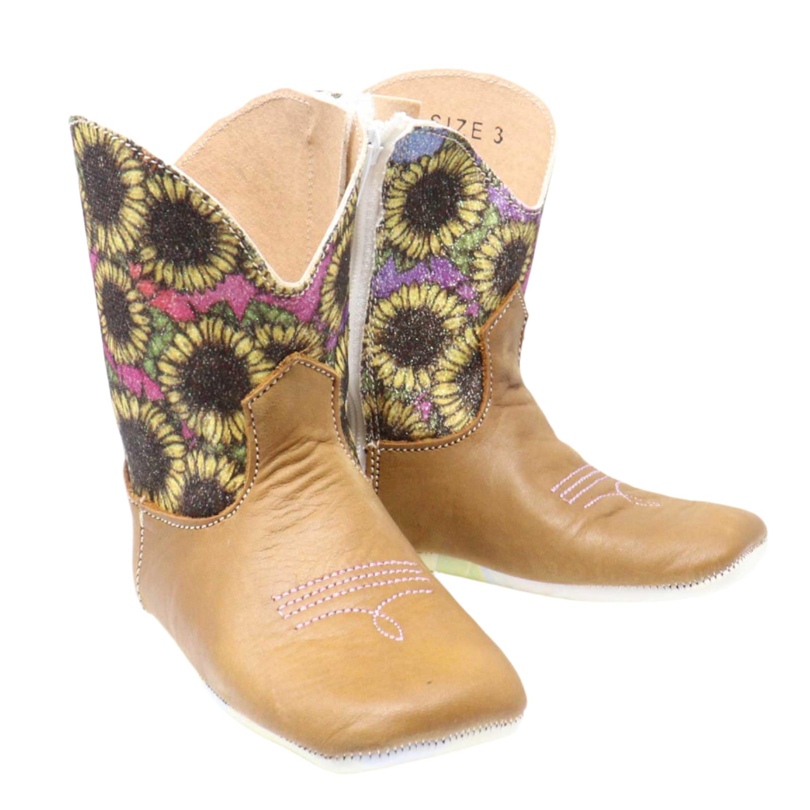 Tin Haul Western Boots, Sunflower Print Shaft, Brown Leather, Side Zip Closure, (Brown And Blue, US Footwear Size System, Infant, Women, Numeric, Medium, 4)