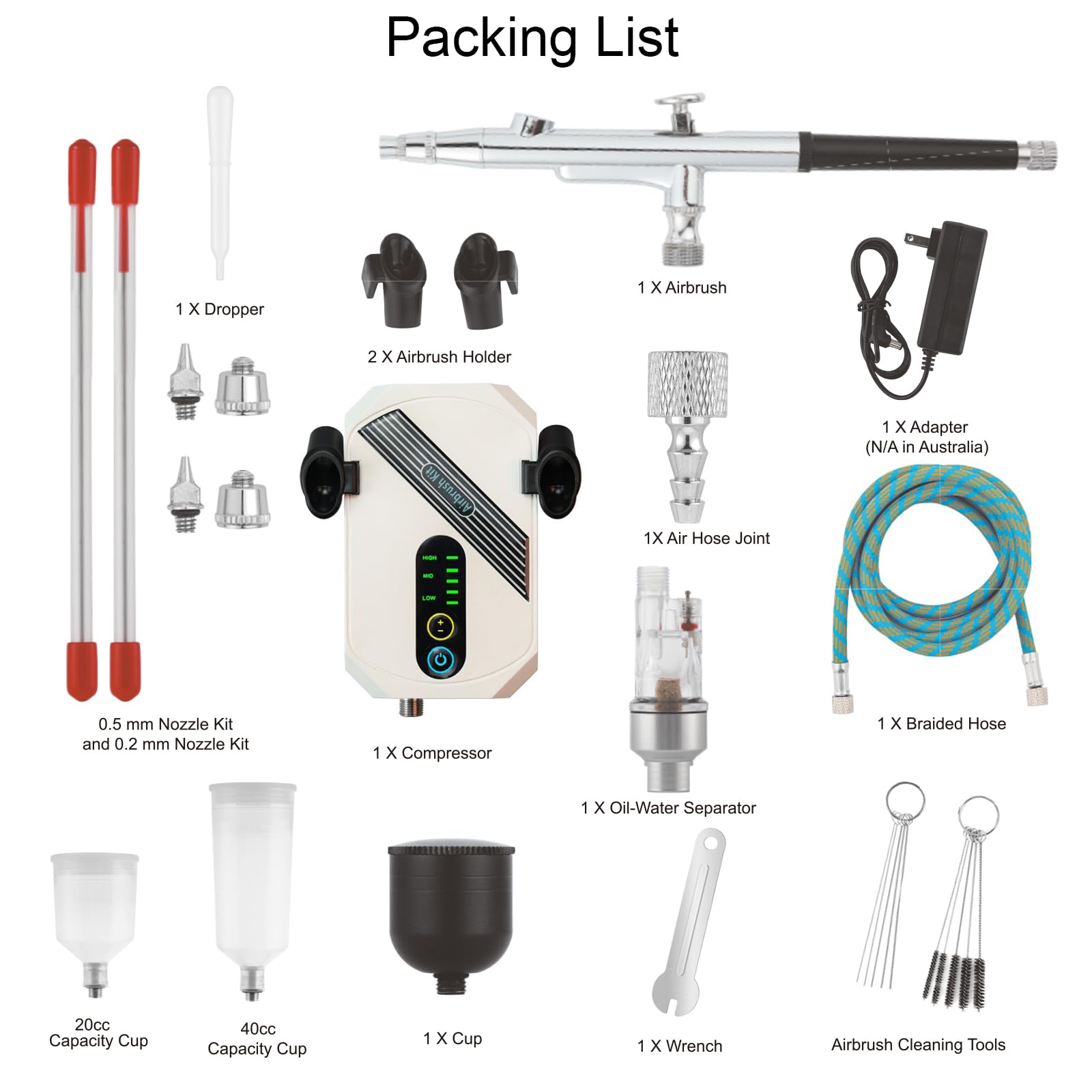 Kit compresseur aérographe 25-30 PSI avec buses de 0,2 mm et 0,5 mm, tuyau tressé, séparateur huile-eau et outils de nettoyage, pistolet de pulvérisation, peinture tatouage, ongles DIY