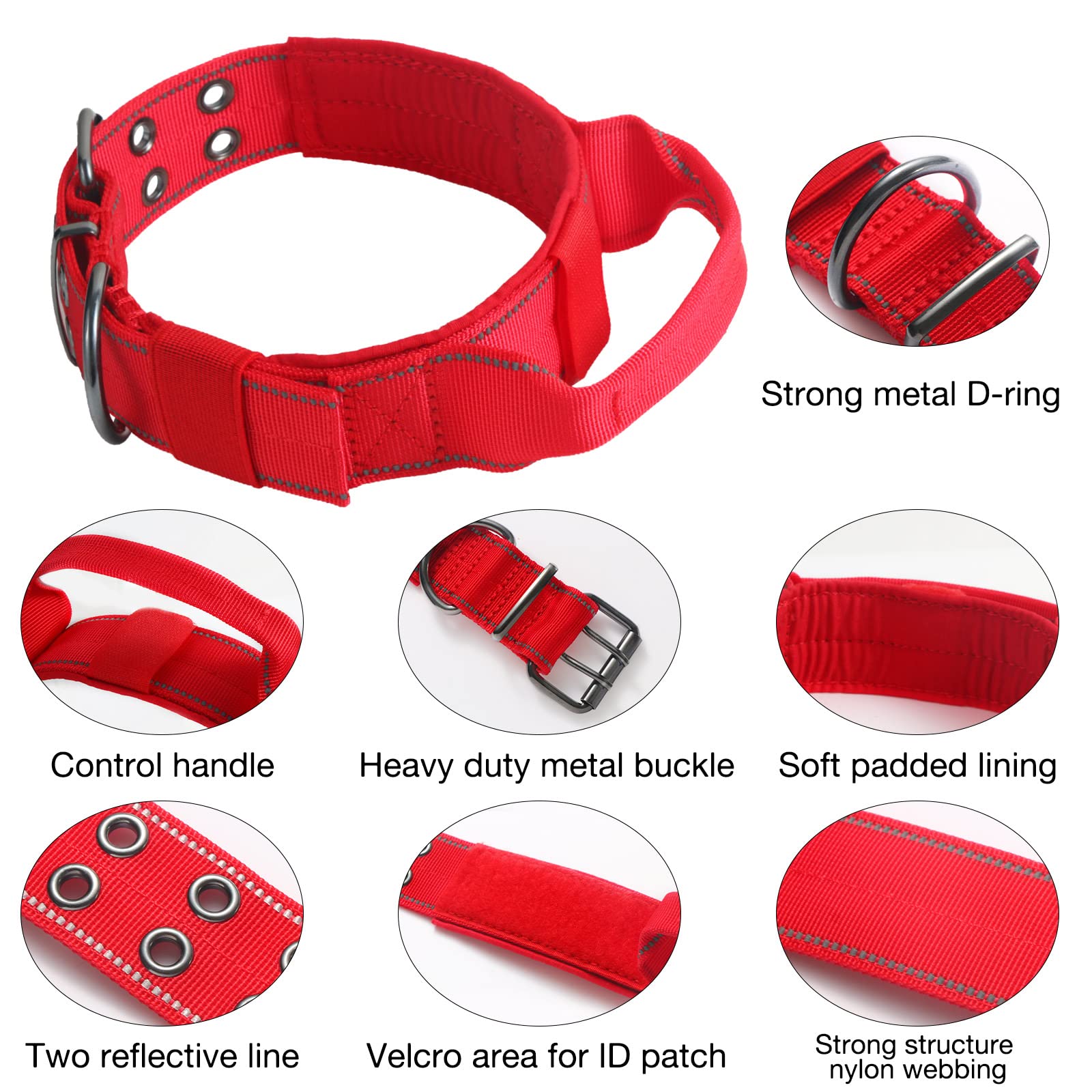 Collar reflectante para perro resistente con mango de control y hebilla de metal para entrenamiento de perros (XL, rojo)