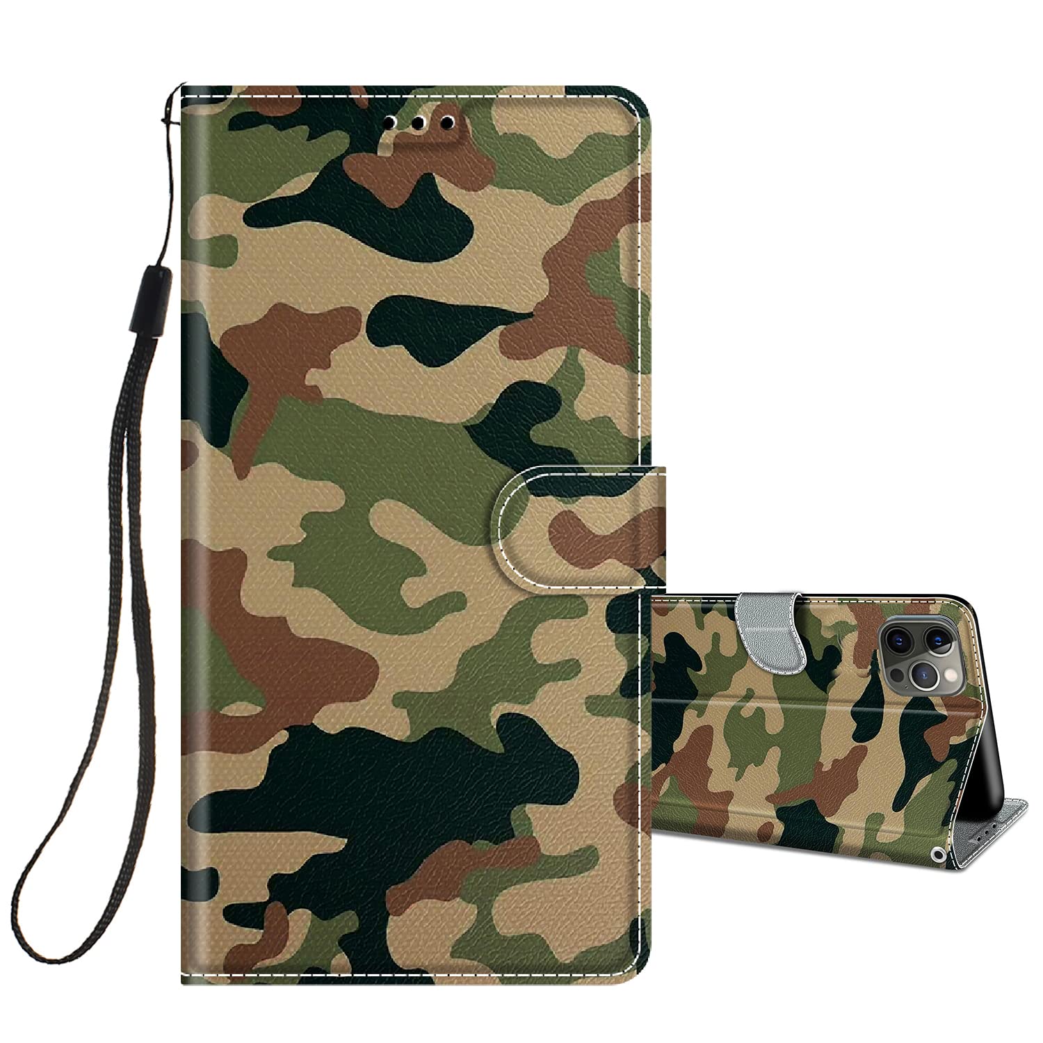 Cover a Libro per iPhone 12 PRO Max in Pelle con Silicone Morbido Custodie iPhone 12 PRO Max Portafoglio Disegni Custodia Antiurto 360 Gradi Accessori Leather Case - Camuffamento
