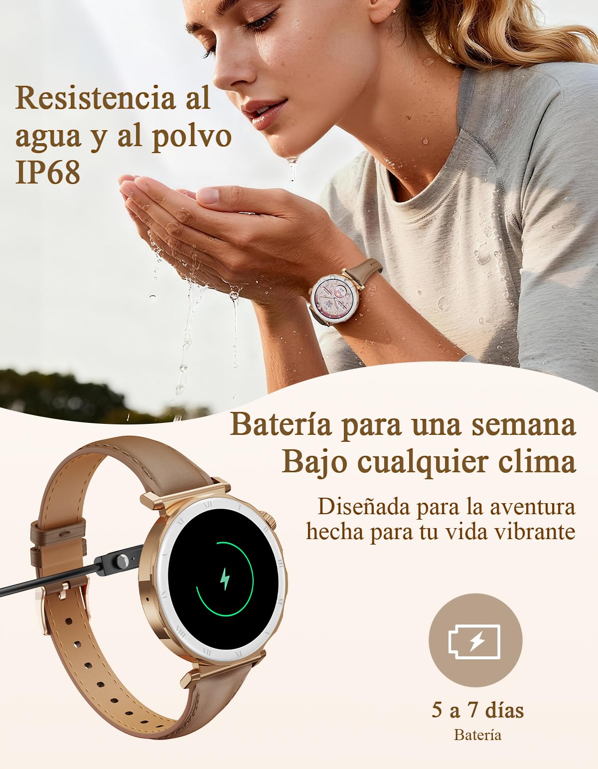 Reloj Inteligente Mujer - Elegante Pequeño, Pantalla AMOLED 1,19'' Smartwatch con Correa de Cuero, Podómetro, Pulsómetro, Sueño, IP68 Pulsera Actividad para Android iOS, Oro Rosa/Marrón