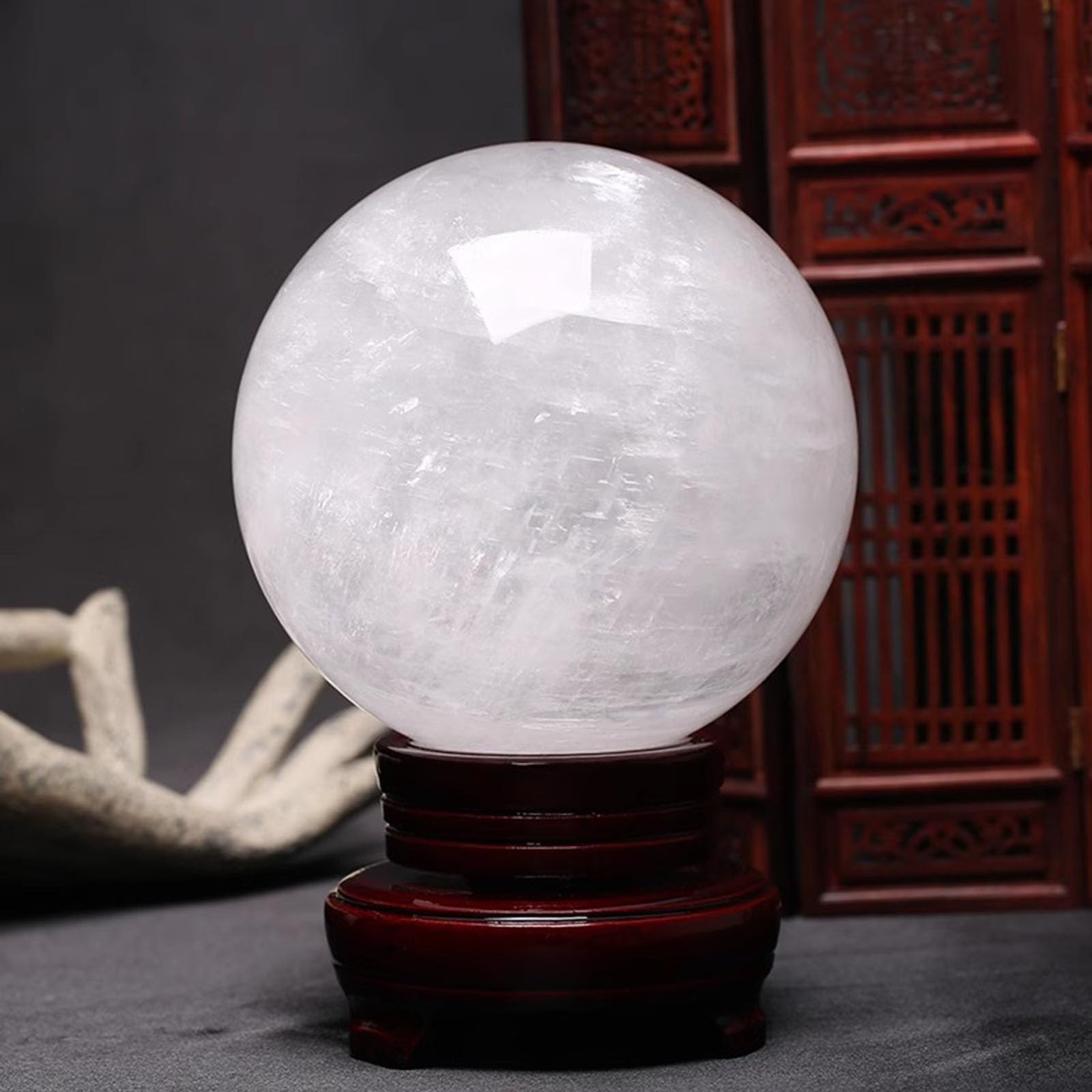 AEVHBAMXN White Calcite Quartz Ball Sphere Crystal with Wooden Base, Ornament for Living Room Decor, Fountain Decoration,19cm/7.5in AEVHBAMXN