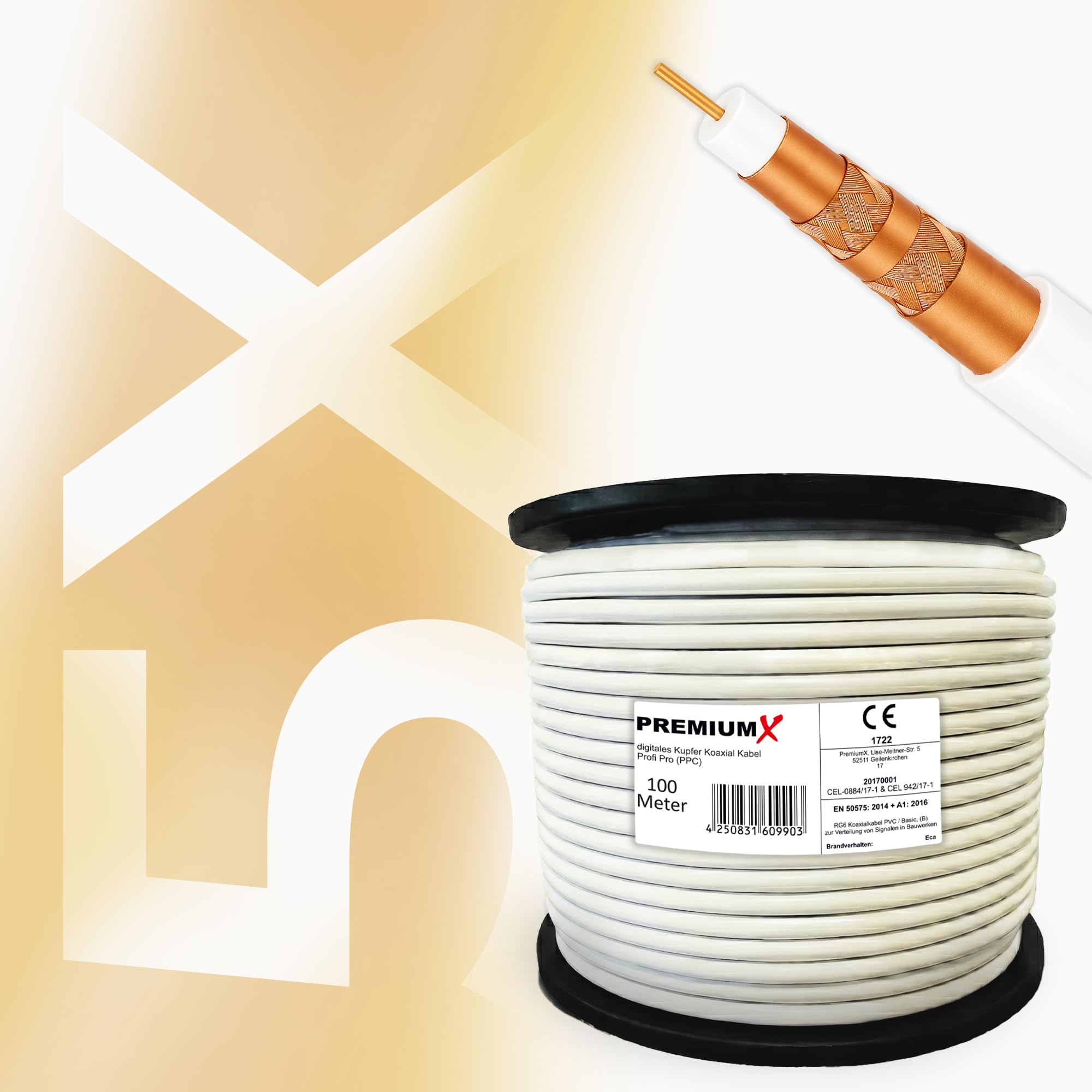 Premium X PROFI PRO PPC Koaxialkabel 100m – 5-fach geschirmt, 135 dB, Voll-Kupfer Sat Kabel, Antennenkabel Class A, für DVB-S/S2, DVB-C, DVB-T, BK Anlagen, Full HD UHD 4K