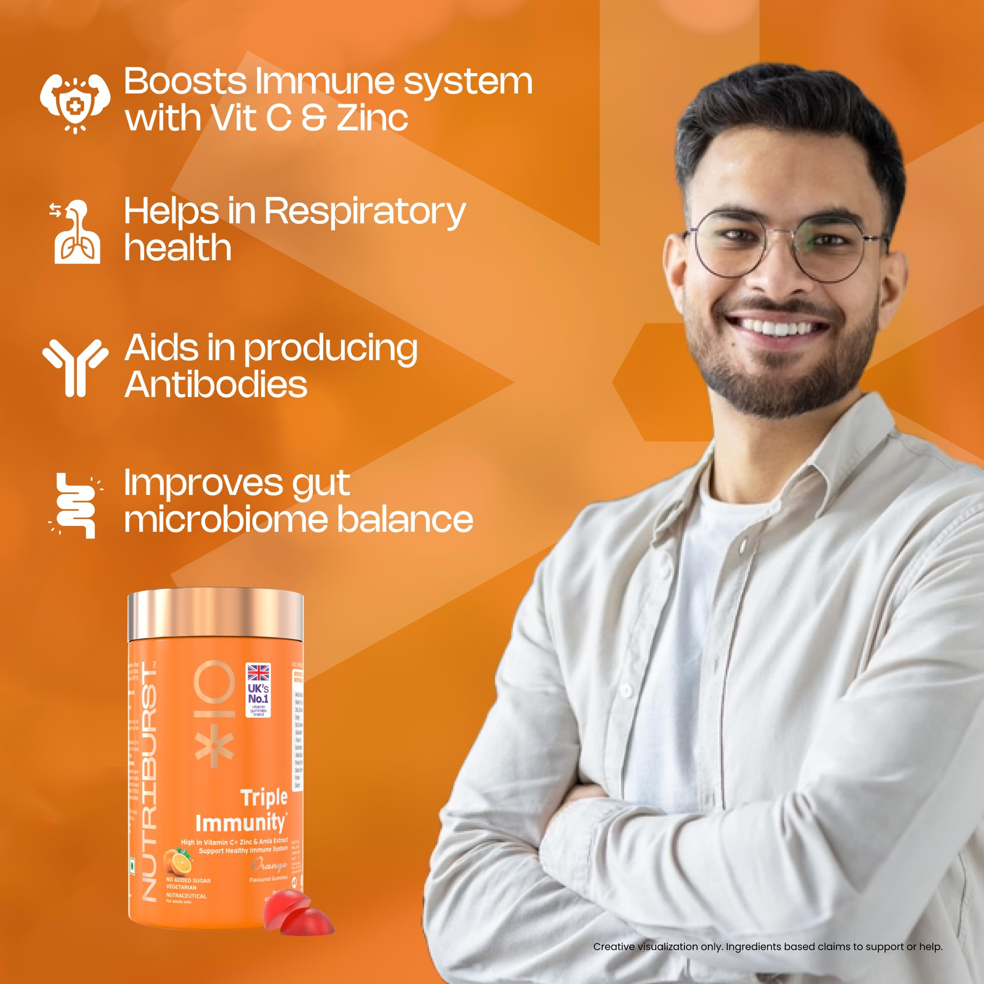 Nutriburst Triple Immunity Gummies with Vitamin C, Zinc and Amla extract | No-Added Sugar | Orange Flavor | 100% Vegetarian | 60 Gummy — Amazon image 4