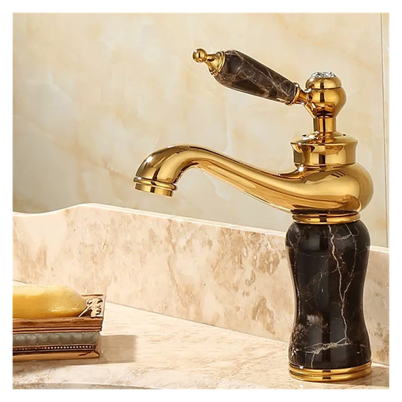Bathroom Faucet Brass and Jade Faucet Bathroom Basin Faucet Sink Mixer Tap Gold Sink Faucet Bath Basin Sink Faucet Easy to Install(Nero)