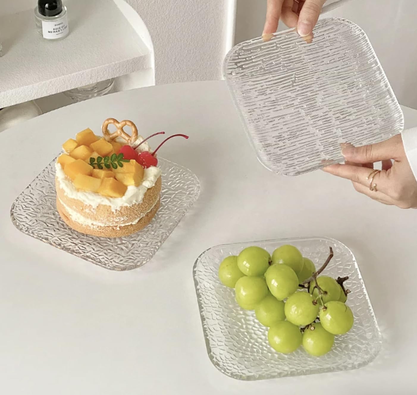 HOMIES 6 Inch Square Designer Glass Dessert Plates, Small Mini Appetizer, Fruit, Salad and Cake Plates, Set of 6 (Hammered Smokey) — Amazon image 7