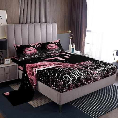Manfei Juego de sábanas con purpurina rosa, tamaño King, juego de sábanas de labios sexys de 4 piezas con sábana bajera de bolsillo profundo +