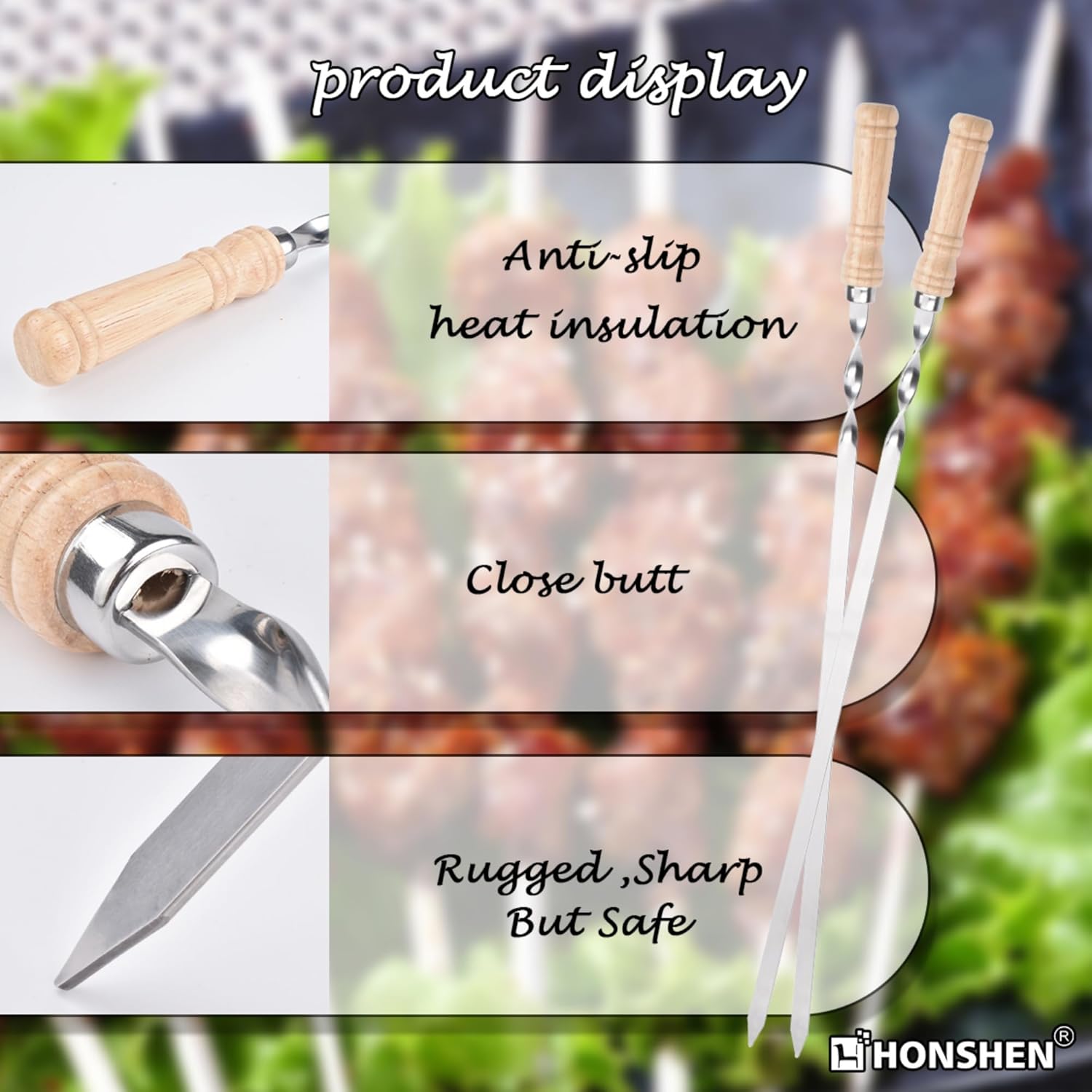 23.5-Inch Long Twist Flat BBQ Skewers, HONSHEN 7/16 Inch Heavy Duty Stainless Steel Wide Blade with hardwood Handle barbecue skewers for Grilling Meat,Chicken,Beef-Set of 12 (23.5 Inch)