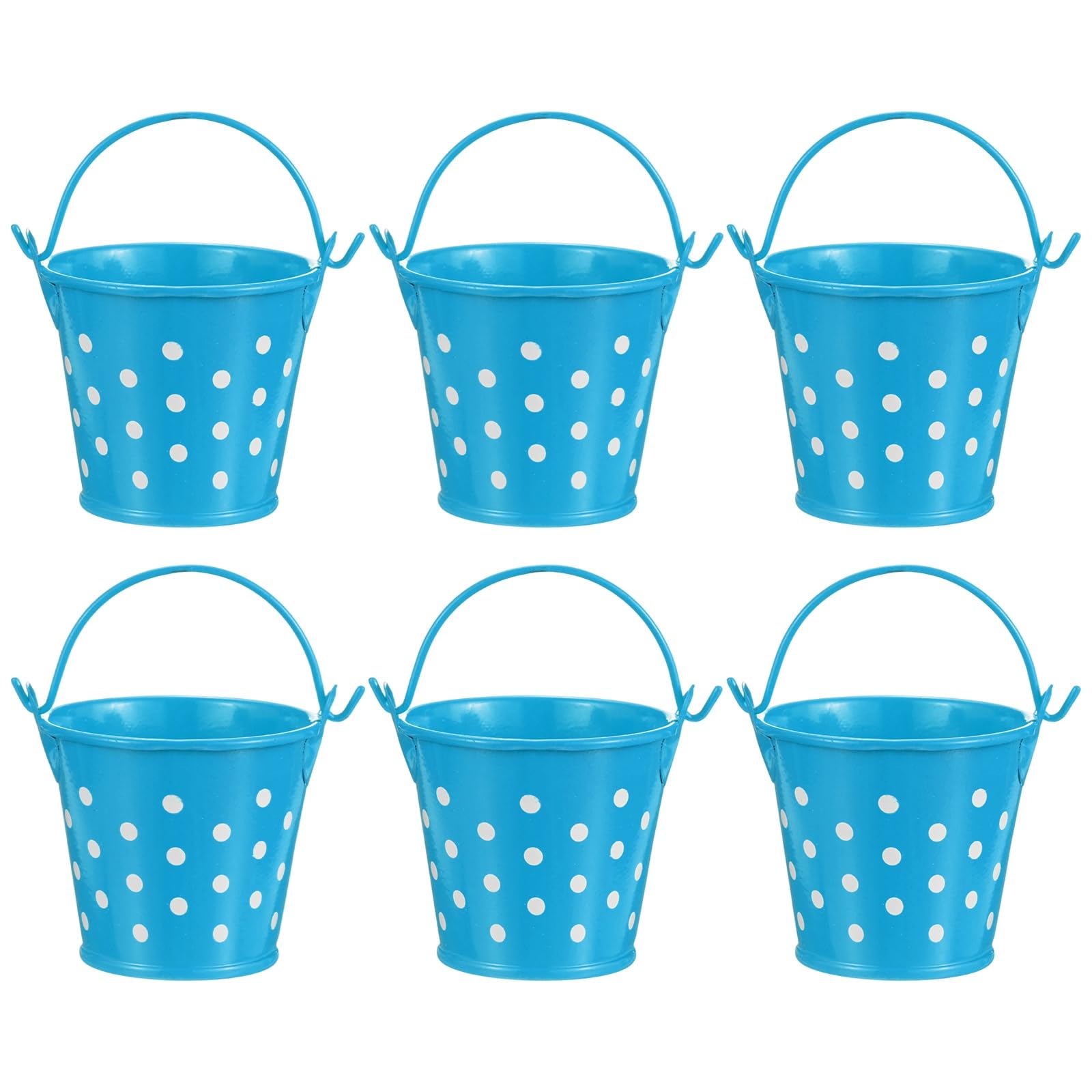 M METERXITY 6-Pack Small Metal Bucket with Handle, 2.4 x 2 Inch Iron Mini Buckets for Farmhouse Flower/Garden Planters/Decorative Table Centerpieces [Polka Dots, Deep Blue]