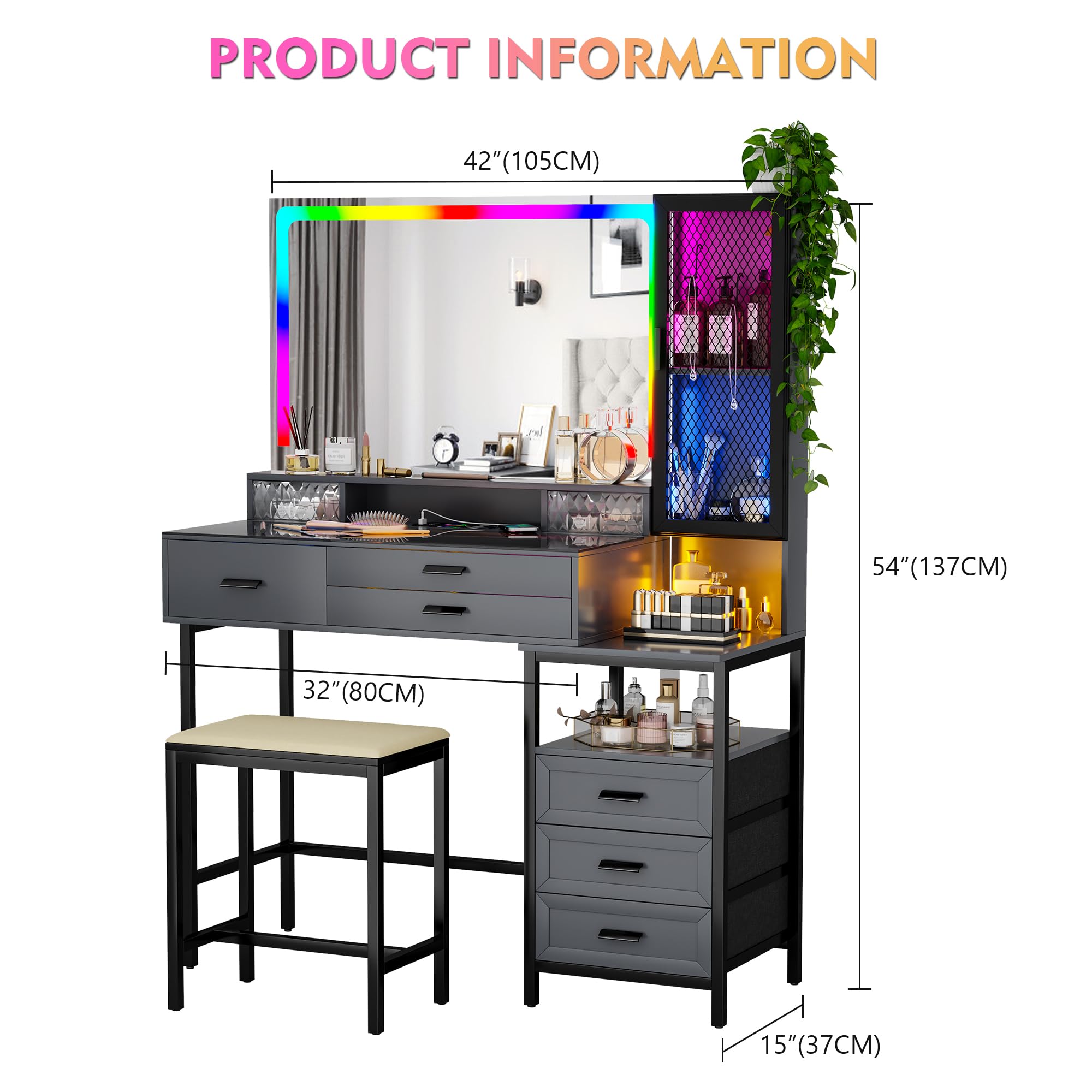 Lvifur Schminktisch Mit Spiegel und Led Beleuchtung für Schlafzimmer,RGB 24 Licht Schminktische mit 6 Schublade und Kabellosem Laden für Wohnzimmer
