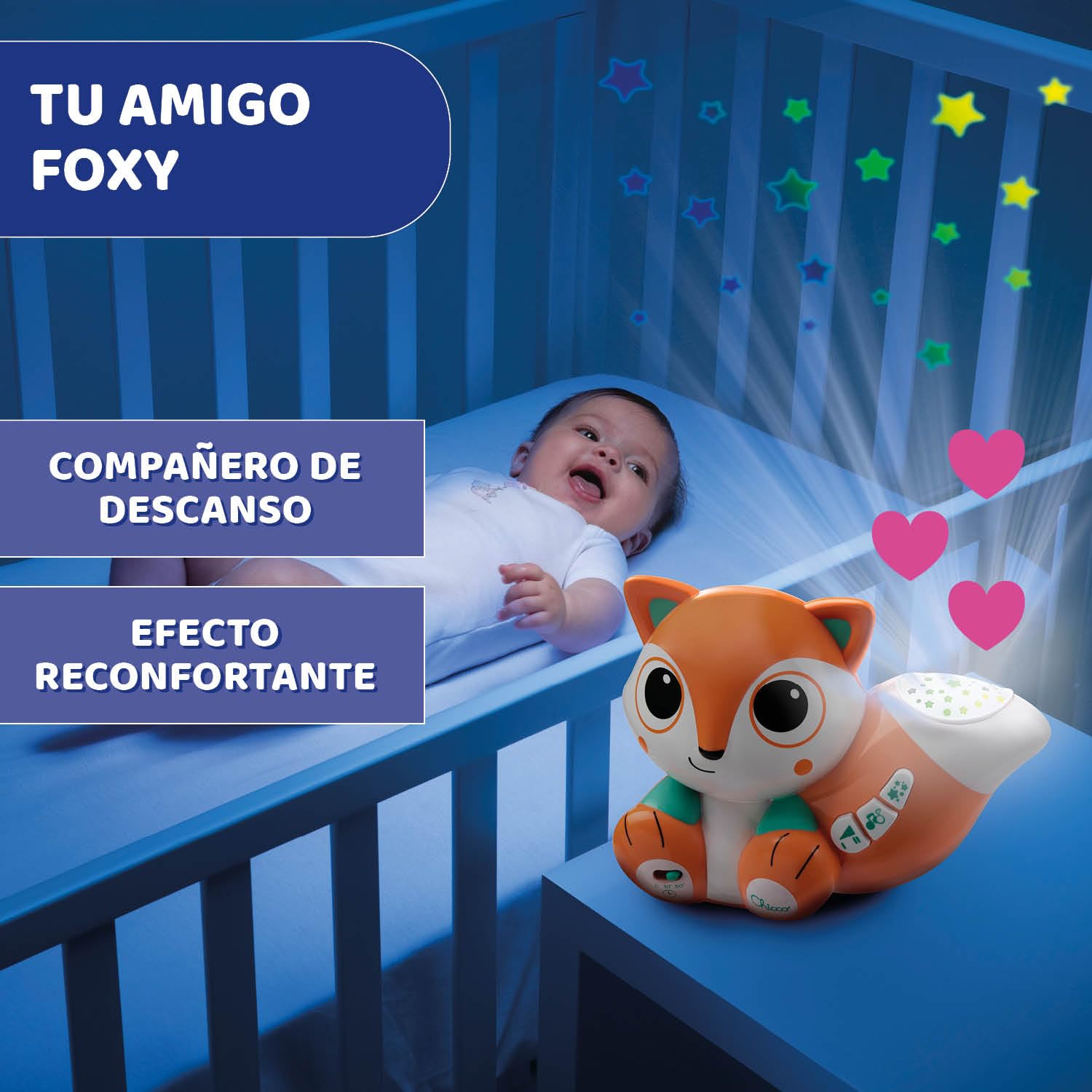 Chicco Kolorowy Projektor Foxy, Lampka Nocna dla Dzieci, Wielokolorowy Projektor Gwiazdek, z Relaksującą Muzyką i Dźwiękami Natury, Regulowana Głośność, Zabawki dla Dzieci w wieku 0 m+