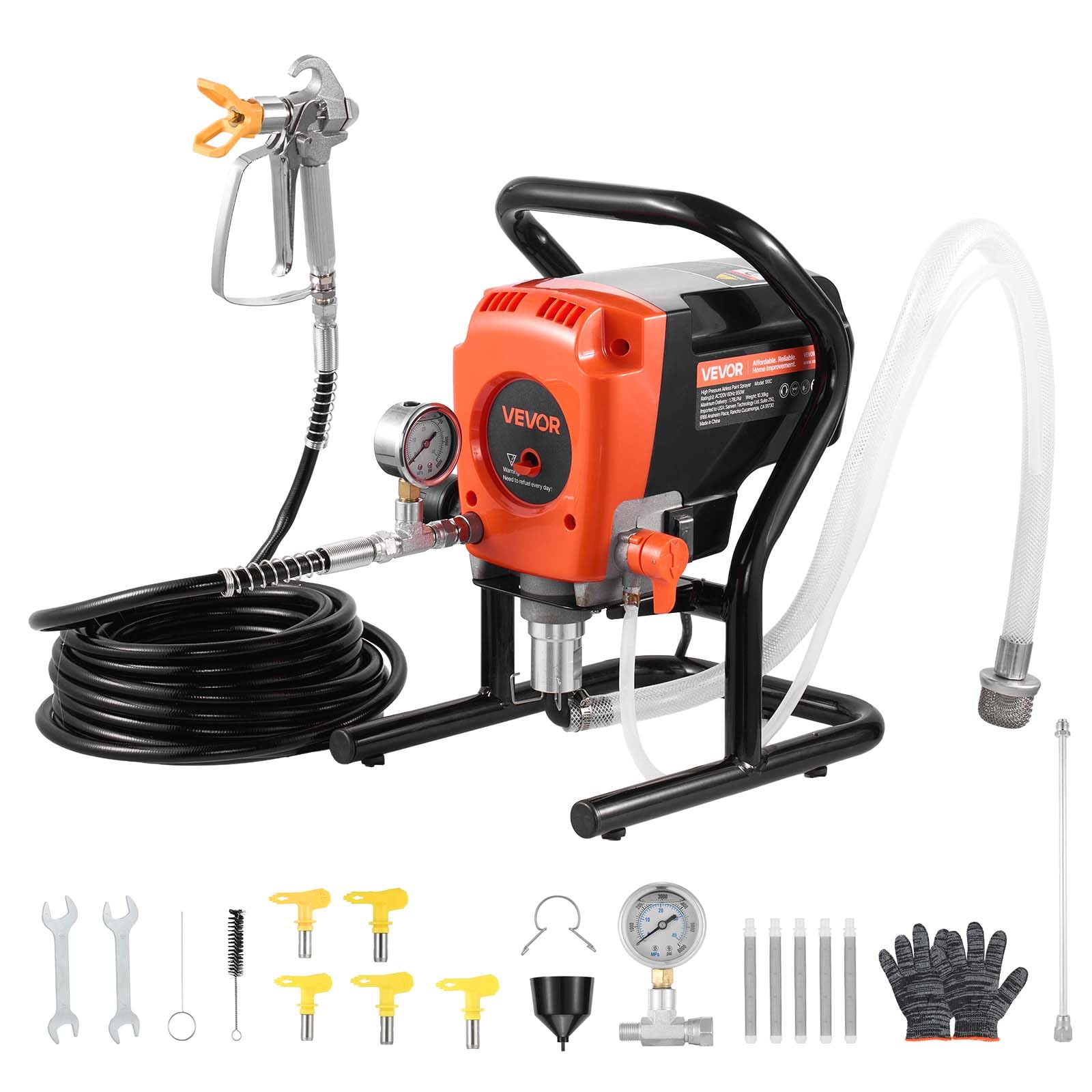 VEVOR Pulverizador de Pintura sin Aire 900 W 3300 PSI, con Cepillo de Limpieza, Manguera, Tubo de Extensión, Boquillas, Máquina de Pintura Airless Eléctrica para Pintar Interior, Exteriores, Cercas