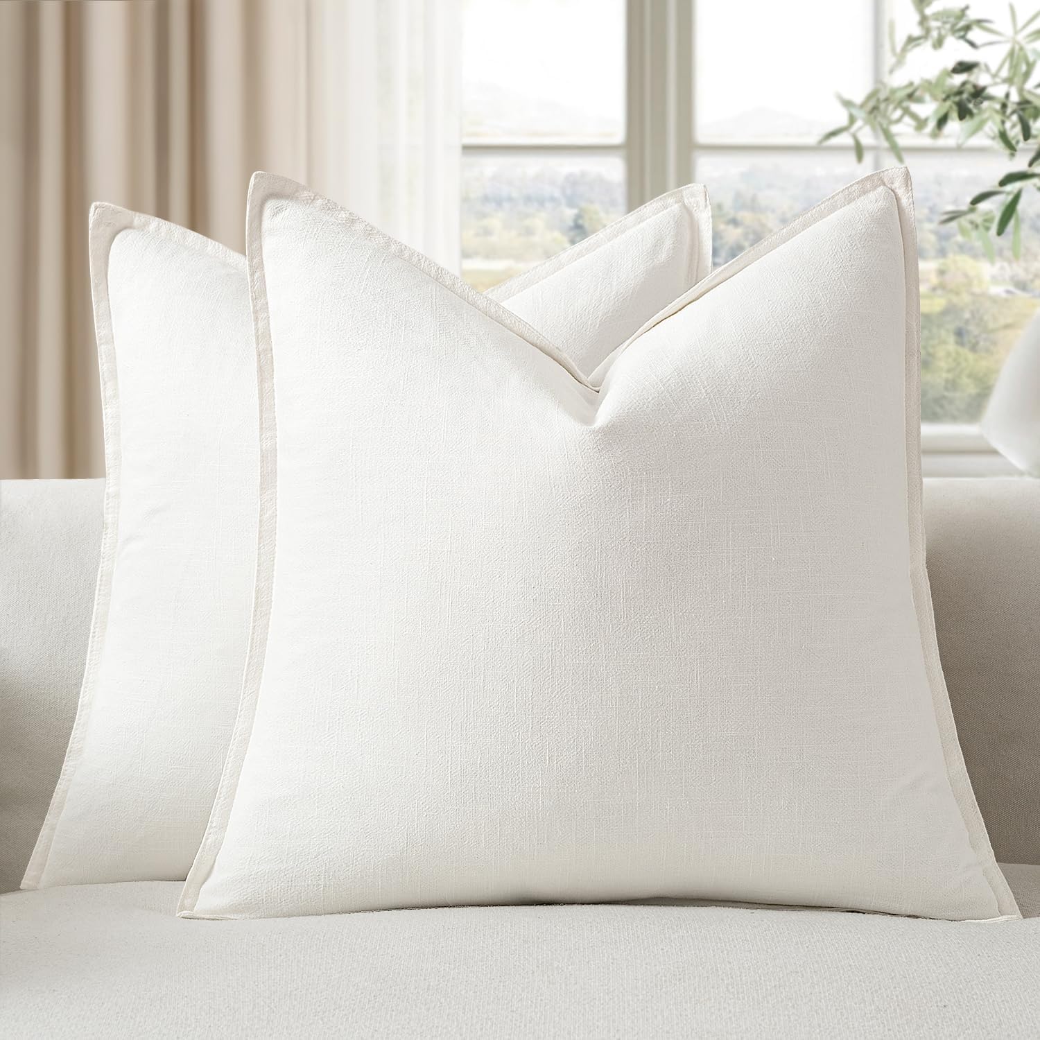 EMEMA Decorative Linen Throw Pillow Covers 22x22 Inch Cream Boho Farmhouse Neutral Couch Throw Pillows for Bed Pack of 2 Accent Pillowcase Modern Sofa Cushion Livingroom Home Cream 22" x 22" (Pack of 2)