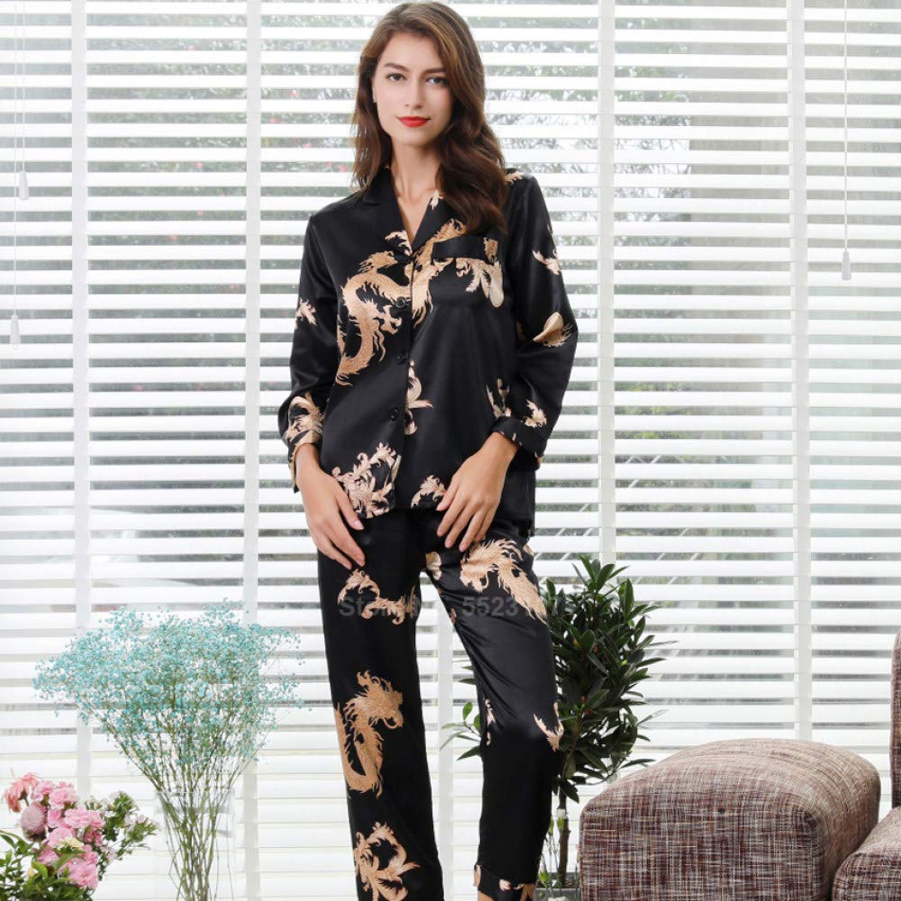 Pyjama Satin Femme,Ensemble De Pyjamas En Satin De Soie Pour Femmes 2Pcs Pantalons À Manches Longues De Style Chinois Nouvel An Dragon Print Vêtements De Nuit Pour Hommes Pyjamas Pour Couples (Noir
