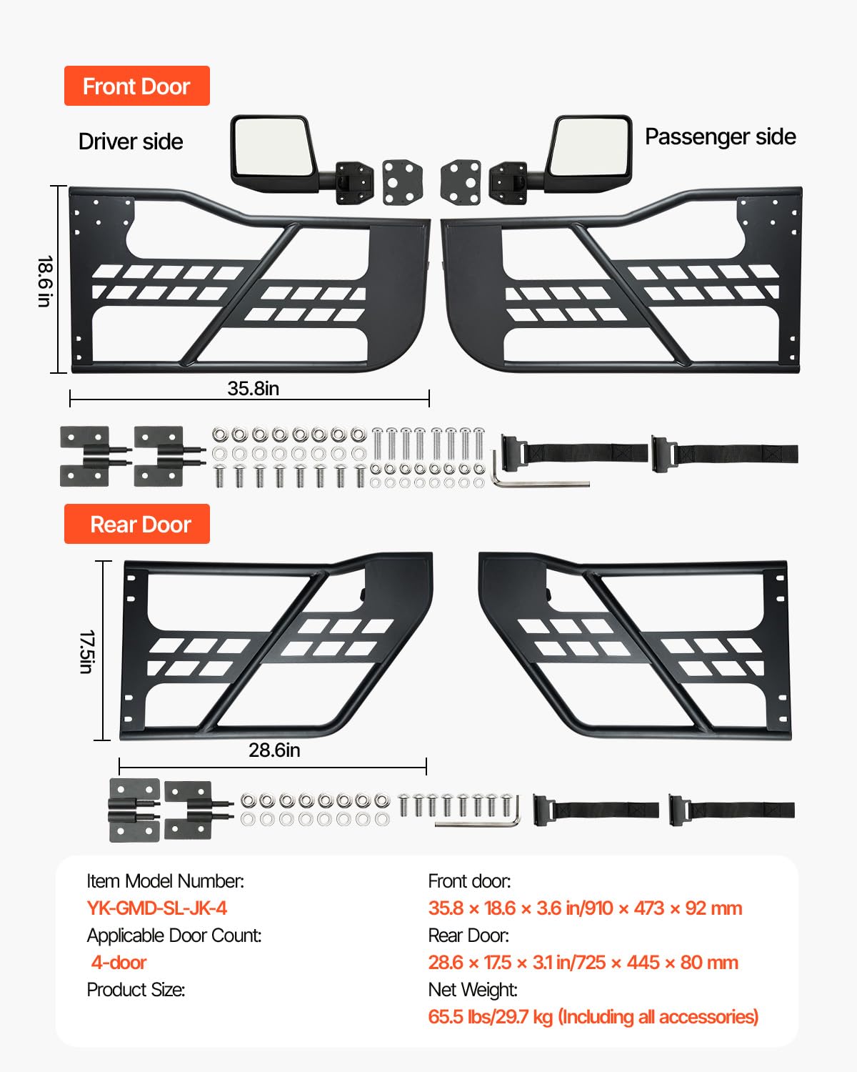 VEVOR Tube porte pour Jeep, 4 portes, porte tubulaire pour Jeep de style chasse avec rétroviseurs certifiés DOT, avec coussinets en caoutchouc et tube en acier trempé, pour Jeep Wrangler JK 2007-2018