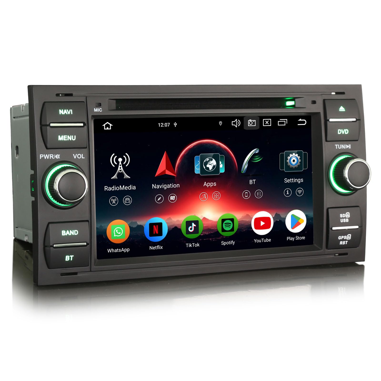 Erisin 7 pulgadas 8 Núcleo 4GB+64GB Android 13 Radio Coche Bluetooth GPS Navegación para Ford C-Max S-Max Focus Galaxy Kuga Fiesta Transit, CarPlay Android Auto WiFi DSP DAB+ FM Pantalla táctil CD DVD