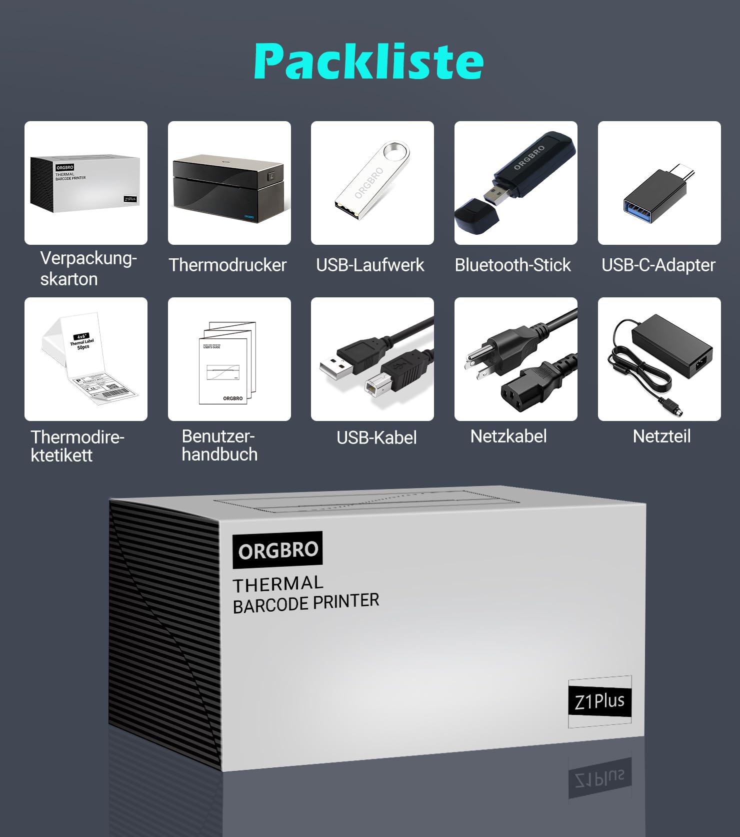 ORGBRO Bluetooth Etikettendrucker Z1 Plus DHL Thermodrucker Etikettiergerät 4x6 Versandetiketten Drucker Labeldrucker für Barcode, Adresse, Kompatibel mit Amazon, Etsy, Shopify, Schwarz