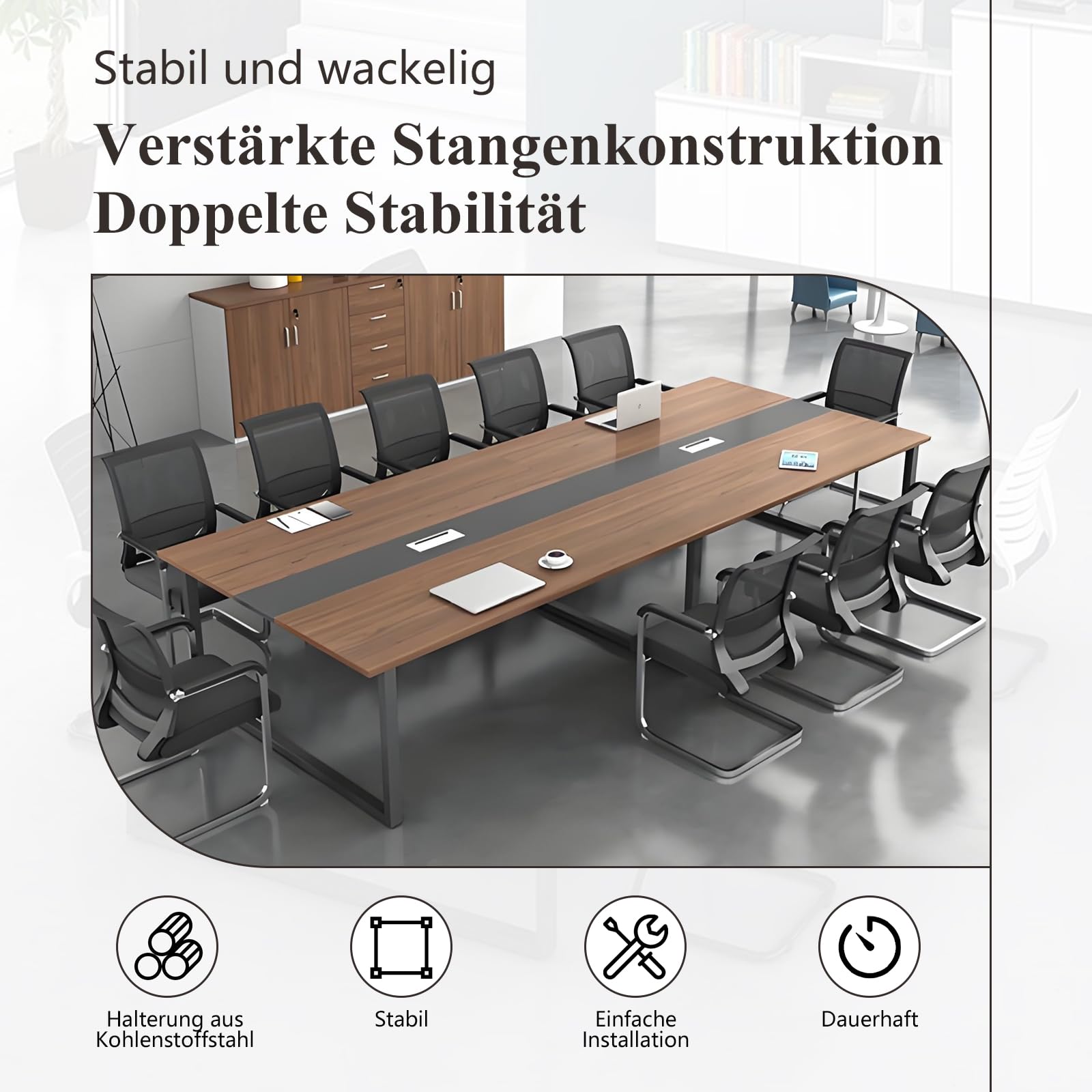 Großer Konferenztisch Büro – Moderner Besprechungstisch mit Kabelmanagement, Rechteckiger Meetingtisch für 8–12 Personen, Stabiler Metallrahmen (ohne Stühle)