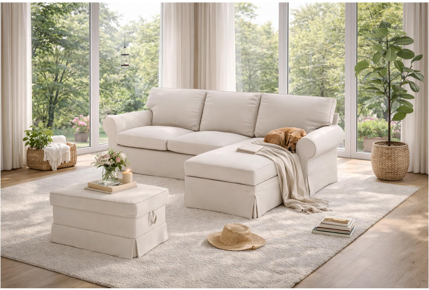 HomeTown Market Copridivano In Tessuto Resistente, Compatibile Con IKEA Ektorp Sofa. Divano Non Incluso (Chaise 4 posti poliestere beige)