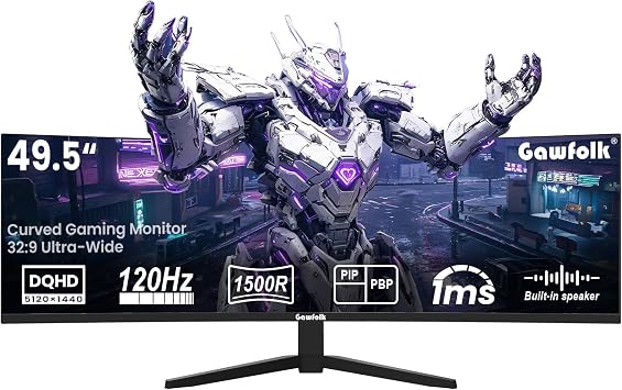 Gawfolk 49" Super Ultrawide 5K Curved Gaming Monitor, 5120x1440 DQHD 120Hz 1500R VA Panel, 329 Display with Built-in Speakers, Height Adjustable Stand, RGB Light, PBP/PIP, G-Sync & FreeSync, Black