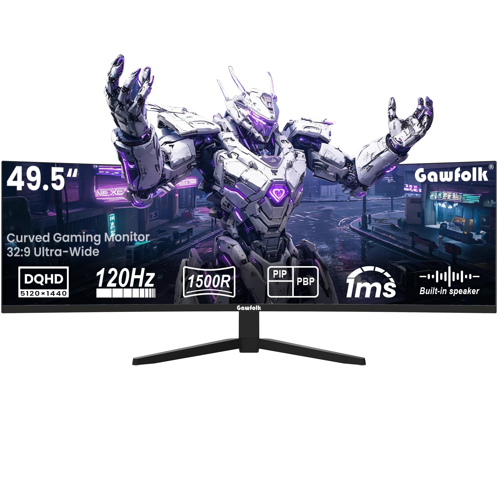 Gawfolk Monitor Gaming Curvo 49 Pulgadas Ultra Ancho DQHD 5120x1440, Tasa de Refresco 120Hz, Curvatura 1500R Formato 32:9, Modos Pip/PBP, Compatible AMD FreeSync, 120% sRGB, Puertos HDMI 2.1 y DP 1.4