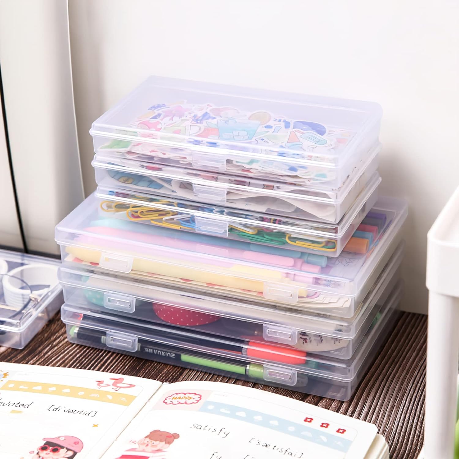 Kingrol 12 Pack Clear Plastic Storage Containers with Lids, 8 x 5 x 1.75 Inch Empty Hinged Boxes, Stackable Organizer Boxes for Home, Office, Craft Supplies