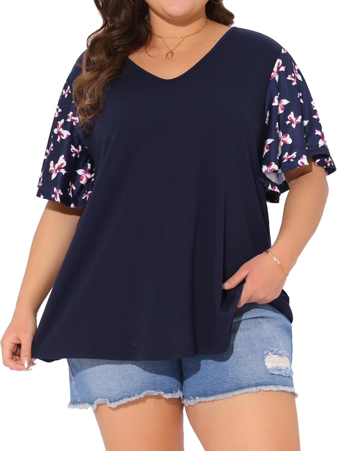 Agnes Orinda Women's Plus Size t Shirt Tops V Neck Floral Flutter Short Sleeve Summer Blouse Tops Casual 2025