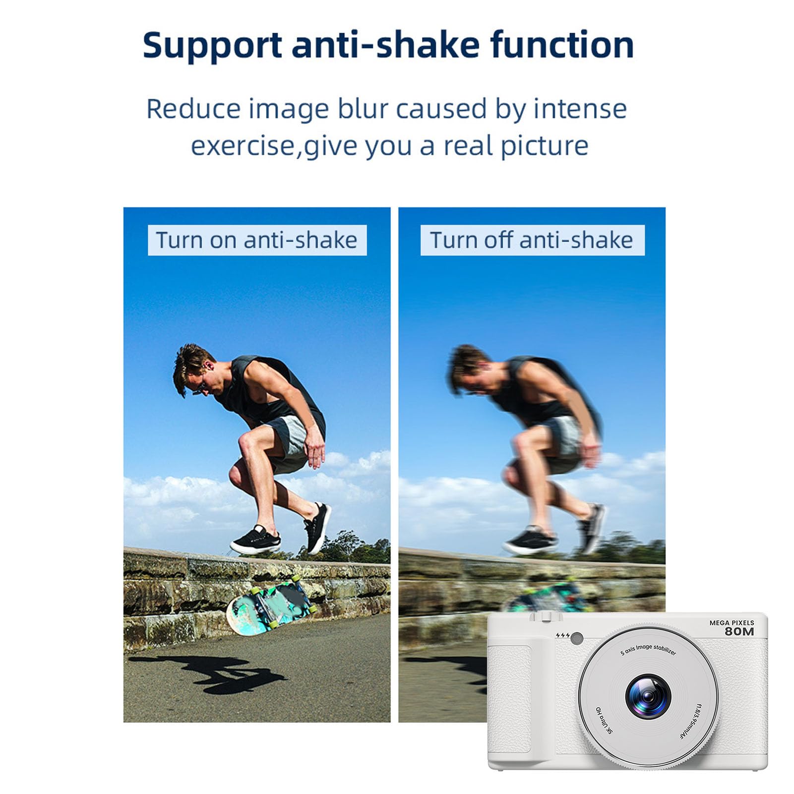 Bewinner Fotocamera Digitale 5K per la Fotografia, Fotocamera da 80MP con Schermo da 2,8 "270 °, Luce di Riempimento a LED, 18x Zoom HD Fotocamere da Viaggio Compatte per Principianti (WHITE)