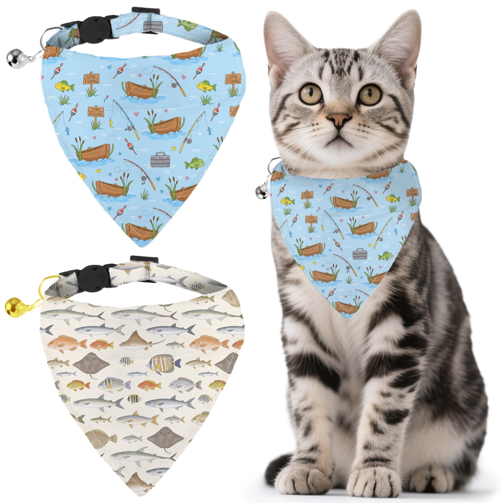 GLOBLELAND 2 Pack Fishing Dog Bandana Collar Pet Triangle Bibs with Bell Fish Adjustable Dog Collar Sea Cat Collars Scarf for Pets Kittens Puppy Cats Dogs