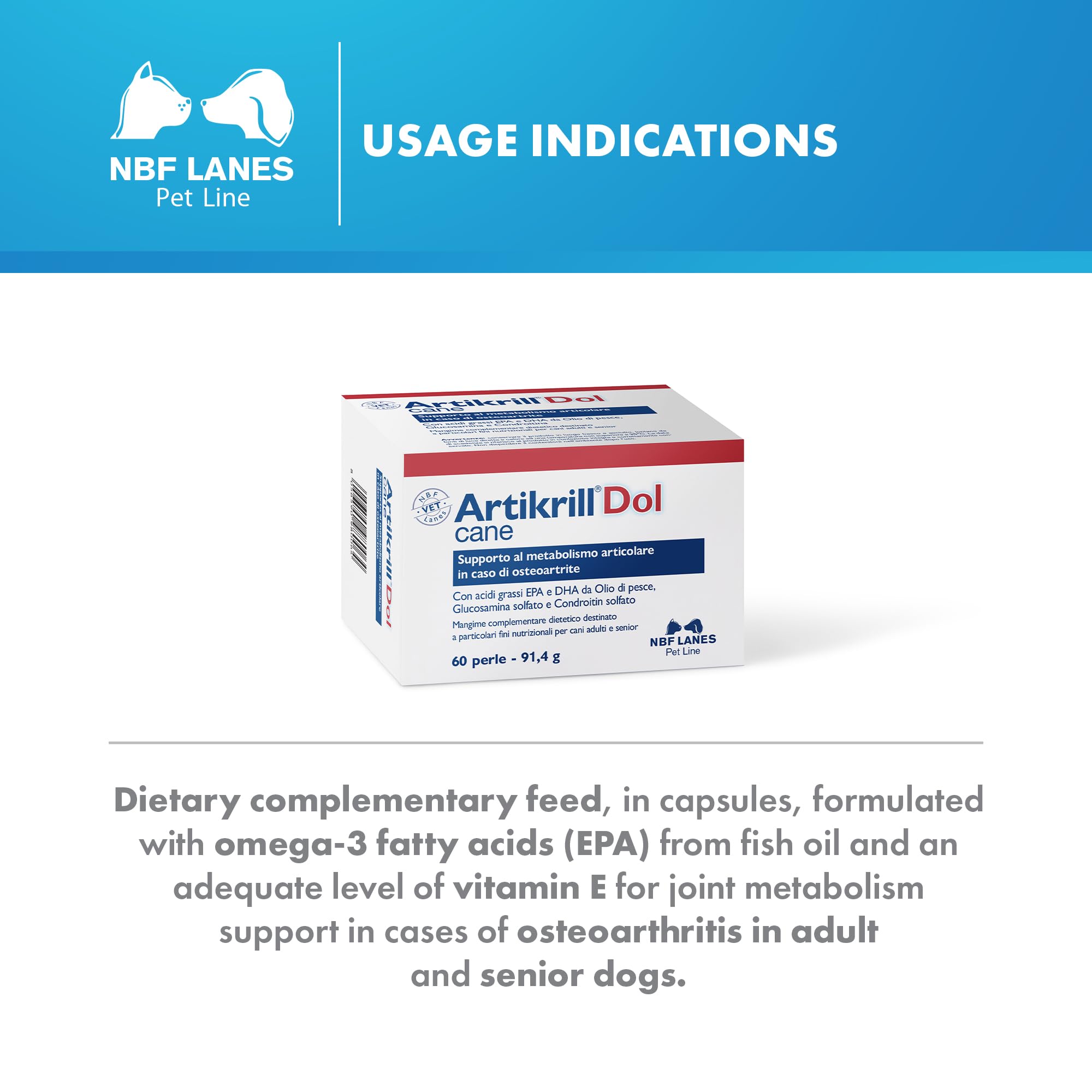 NBF Lanes | Artikrill Dol Cane, 60 Perle Appetibili, Supporto Metabolismo Articolare in caso di Osteoartrite del Cane Adulto e Senior