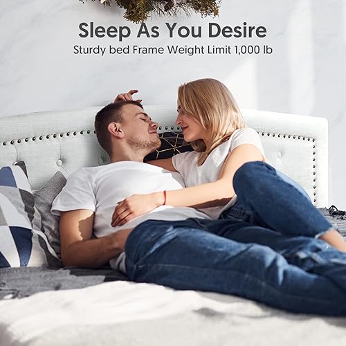 Miniatura 7 de BONSOIR Base de cama de almacenamiento tamaño Queen tapizada de perfil bajo con cabecera tradicional copetuda y clavos