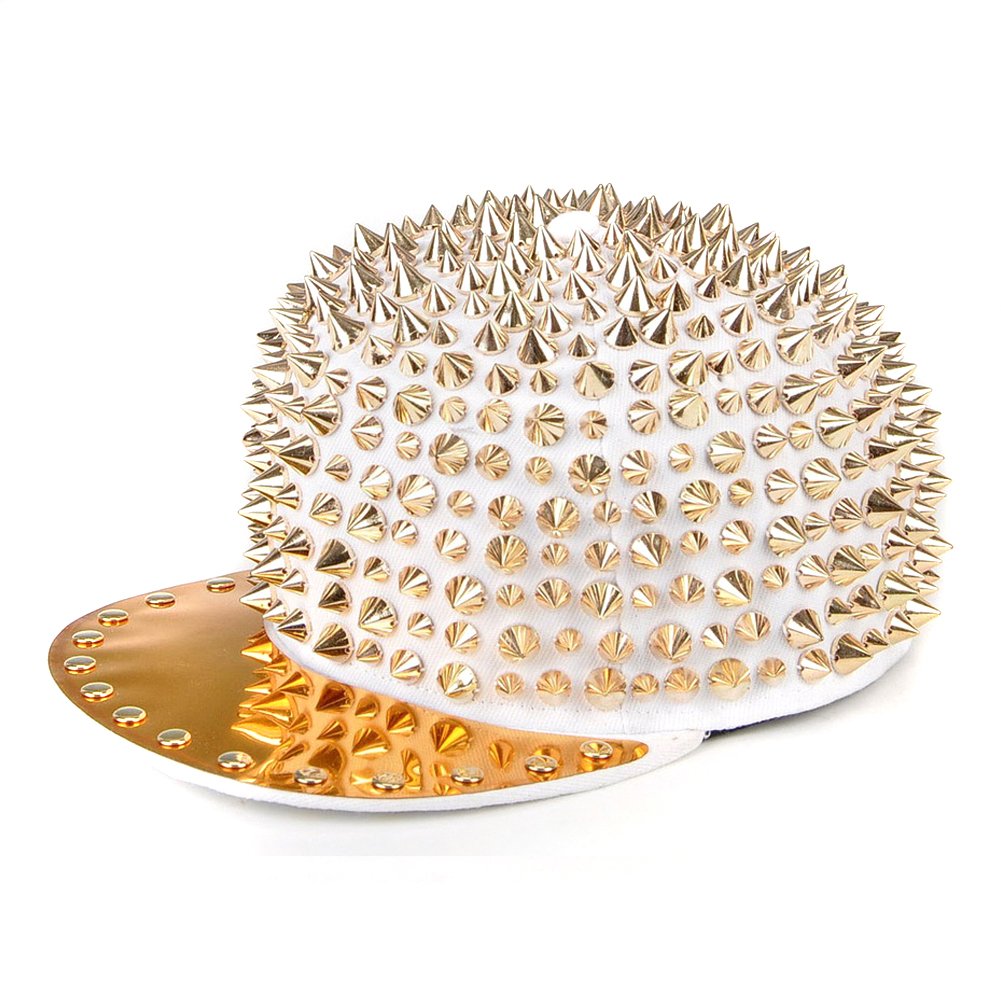 Locomo Hats Men's White And Gold Locomo Hedgehog Extra Rivet Stud Spike Spiky Baseball Cap White Ffh044wht