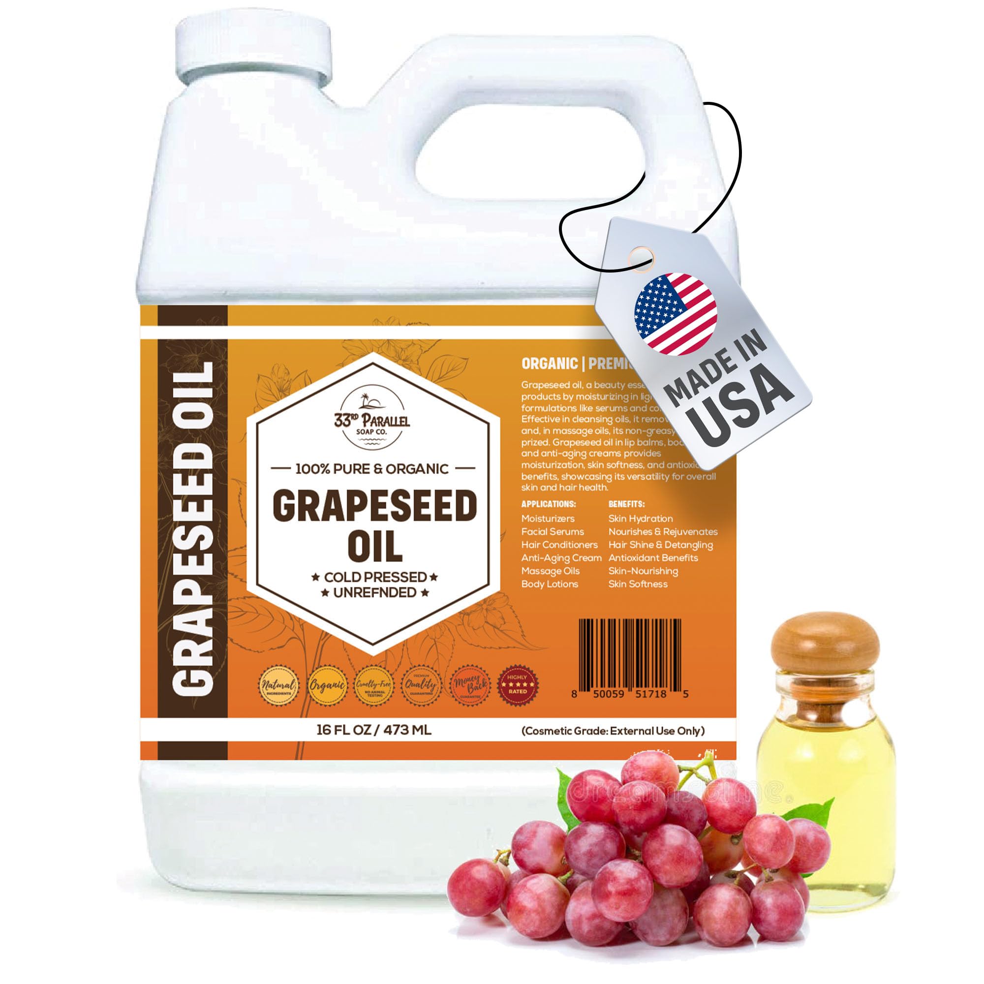 ORGANIC GRAPESEED OIL (16 oz) Cold Pressed Unrefined | 100% Pure Natural, Non-GMO | Available in Bulk | Skin, Hair, Face, Carrier for Essential Oils,