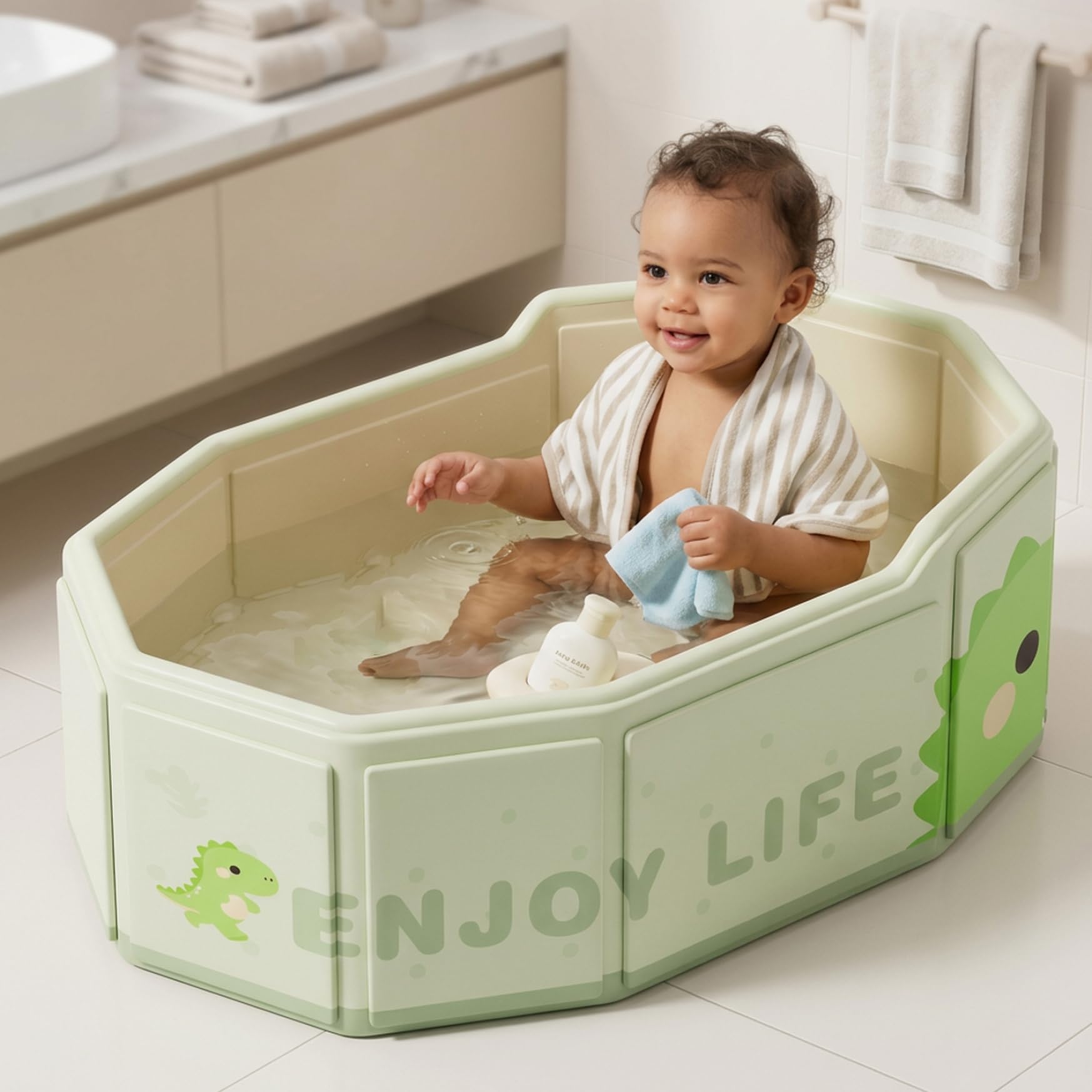Bañera plegable para bebé, bañera portátil de 29, 5x17, 7 pulgadas con base antideslizante y tapón de drenaje, bañeras para bebés para bebés y niños pequeños, dinosaurio