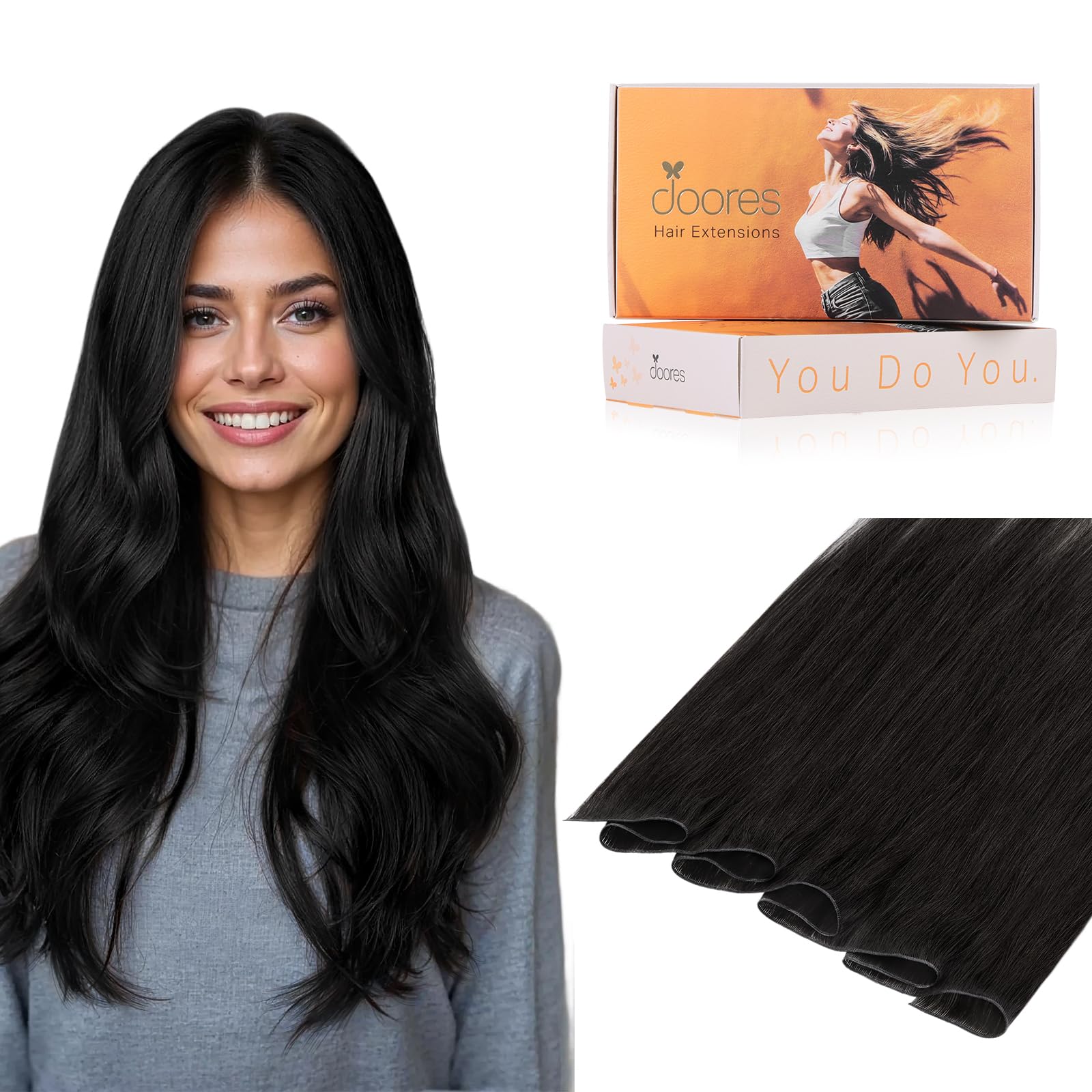 DOORES Genius Sew in Weft Hair Extensions Human Hair, 20 Inch Natural Black 60g, Natural Straight Virgin Bundles Hand Tied Weft