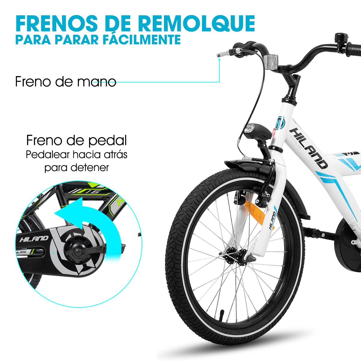 HILAND Sentry Bicicleta Infantil 16/18 Pulgadas, 4–8 Años, para Niños y Niñas, con Portaequipajes, Freno de Mano y Freno Contrapedal, Negro/Blanco