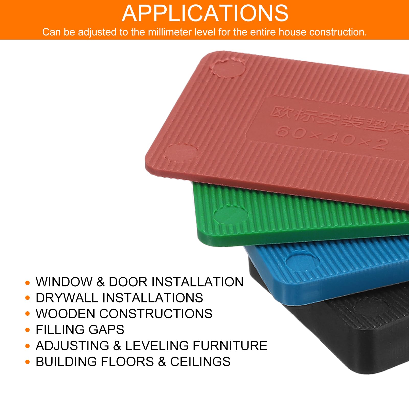 QUARKZMAN Lot de 20 Cales en Plastique 60 x 40 x 2 mm - Cales pour carrelage - Jeu de Cale d'Épaisseur - Cale Fenetre Ouverte - Cales - Entretoise Plastique - Cales d'espacement - Rouge