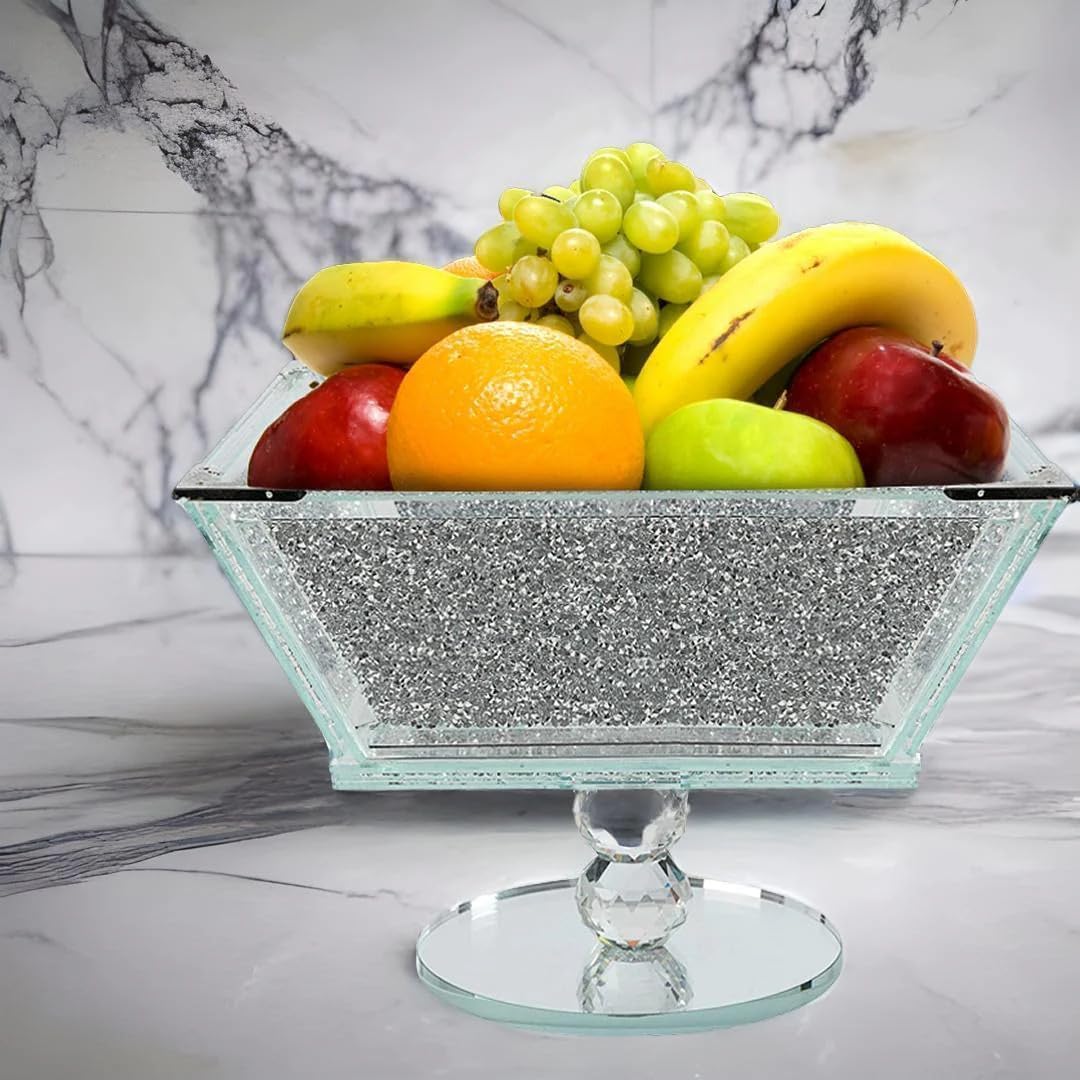 Corbeille à fruits en cristal extra large avec cadre en métal argenté de forme carrée