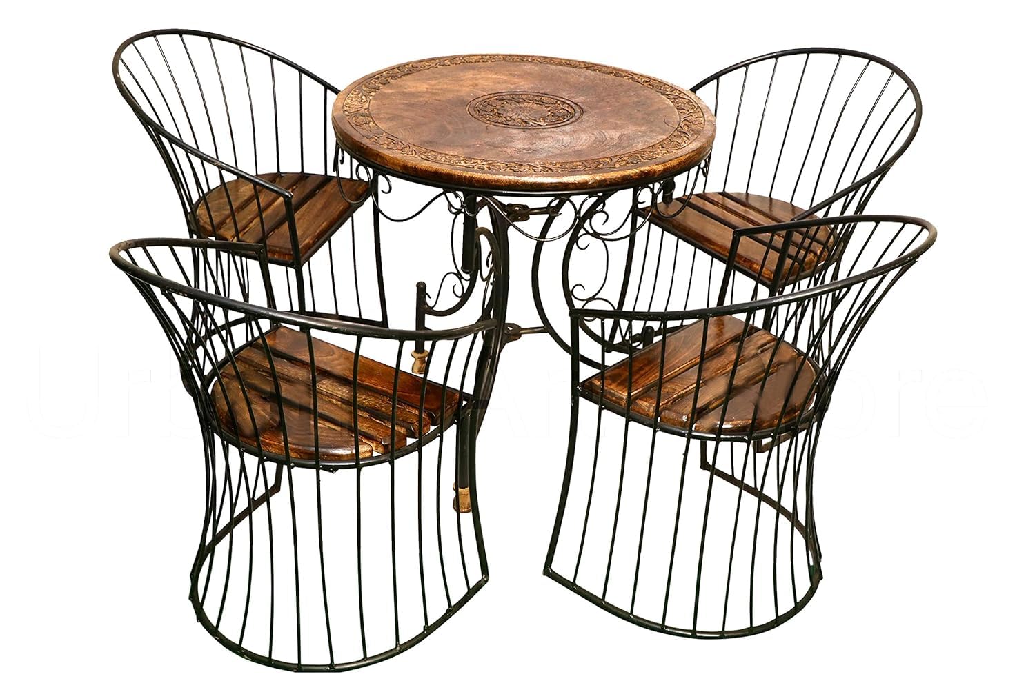 ZONAIRA WOODEE Wood & Wrought Iron Patio Furniture Set (Set of 5) – Durable Outdoor/Indoor Garden Furniture – Elegant Brown & Black Design – 80 cm Table-image-31