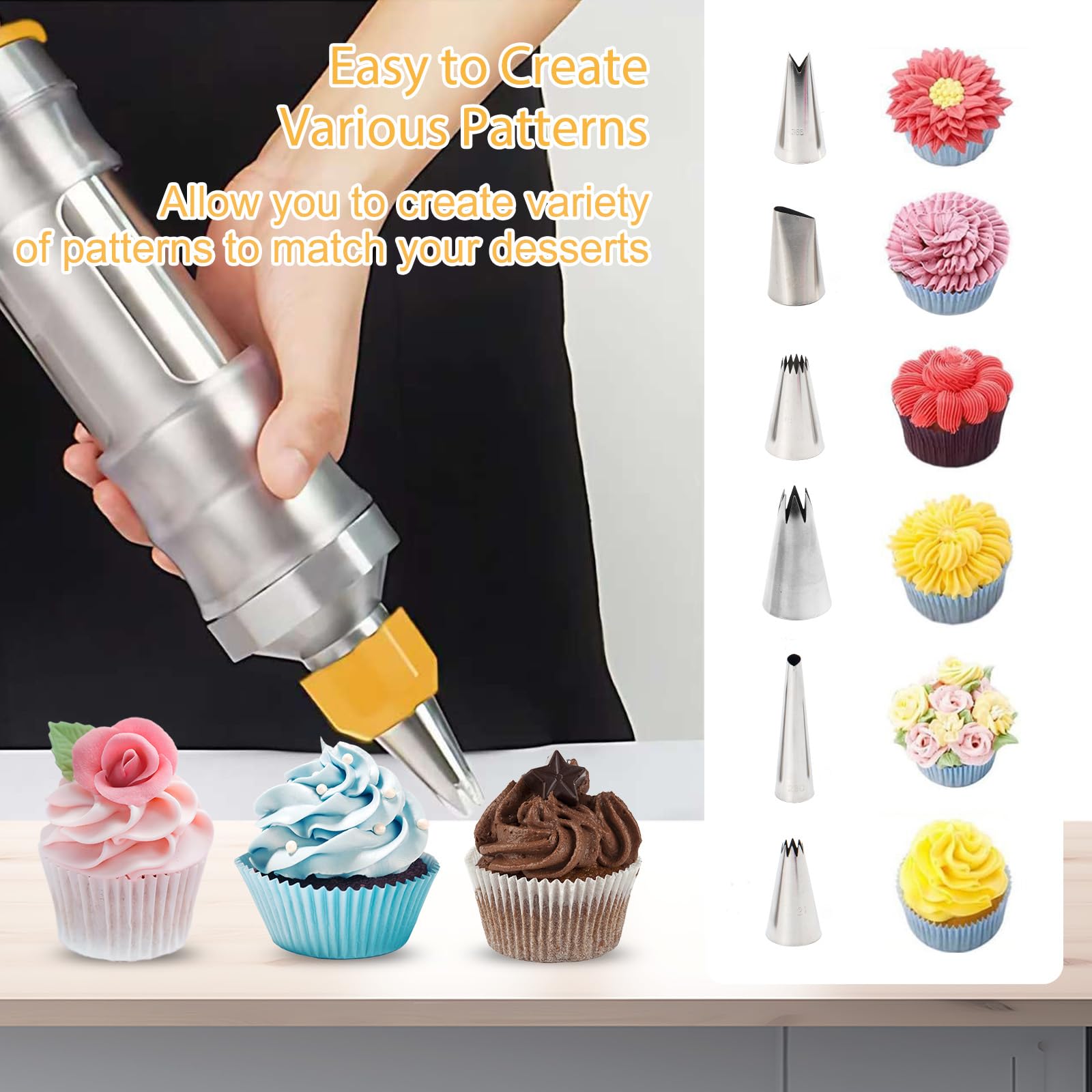 Kit de decoración de pasteles con 6 boquillas de glaseado de acero inoxidable, pistola de glaseado reutilizable, herramientas de decoración de cupcakes para pasteles, galletas, pan, postres, ideal