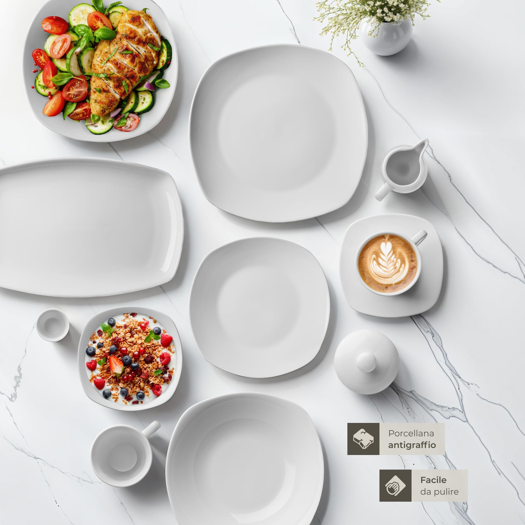 tectake® Set di Stoviglie da 100 Pezzi per 12 Persone, Piatti e Ciotole con Bordi Arrotondati, Porcellana Resistente ai Graffi, Adatto a Lavastoviglie e Microonde, Impilabile, Salvaspazio - Bianco